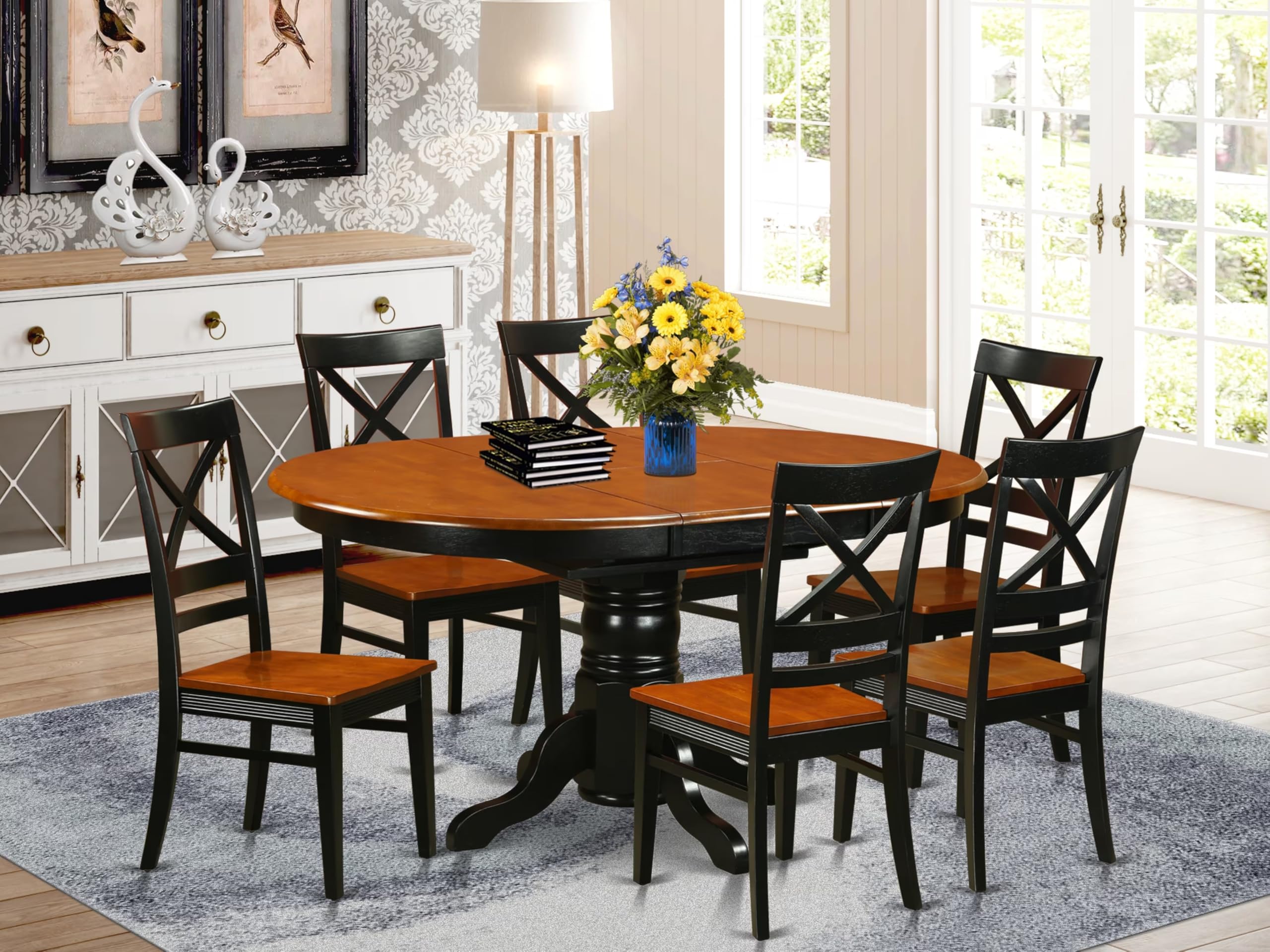 East West Furniture AVQU7-BCH-W 7 Piece Dining Table Set Consist of an Oval Dining Room Table with Butterfly Leaf and 6 Wood Seat Chairs, 42x60 Inch, Black & Cherry