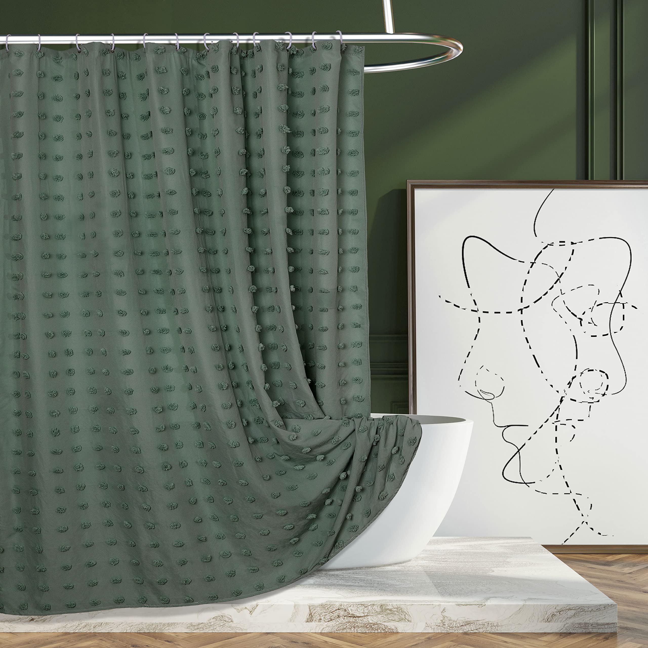 Siiluminisoy Extra Long Green Boho Shower Curtain Woven Fabric Cute Shower Curtain, 72 x 78 Tufted Pleat Floral Puffs Textured M