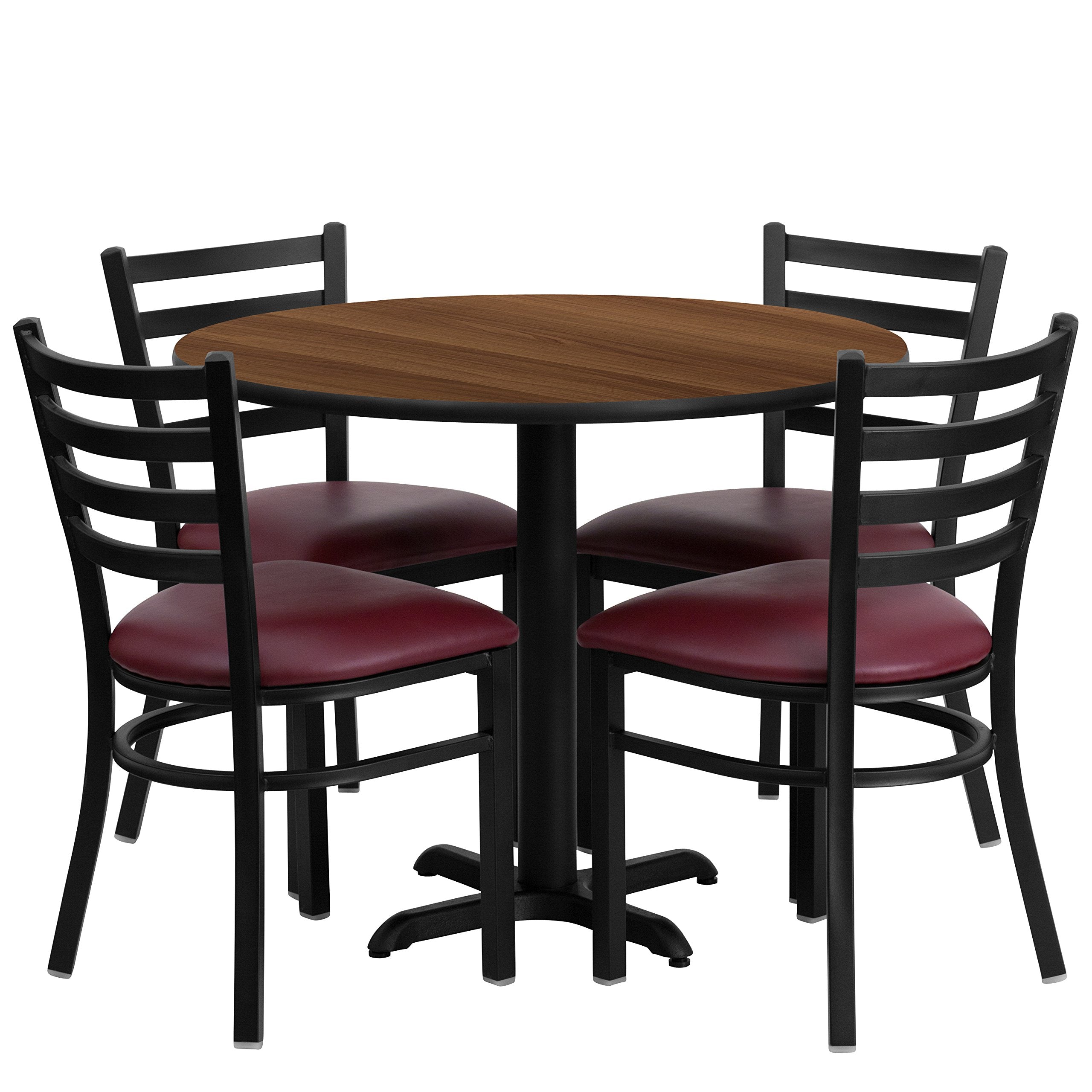 Flash Furniture Carlton 36'' Round Walnut Laminate Table Set With X-Base And 4 Ladder Back Metal Chairs - Burgundy Vinyl Seat