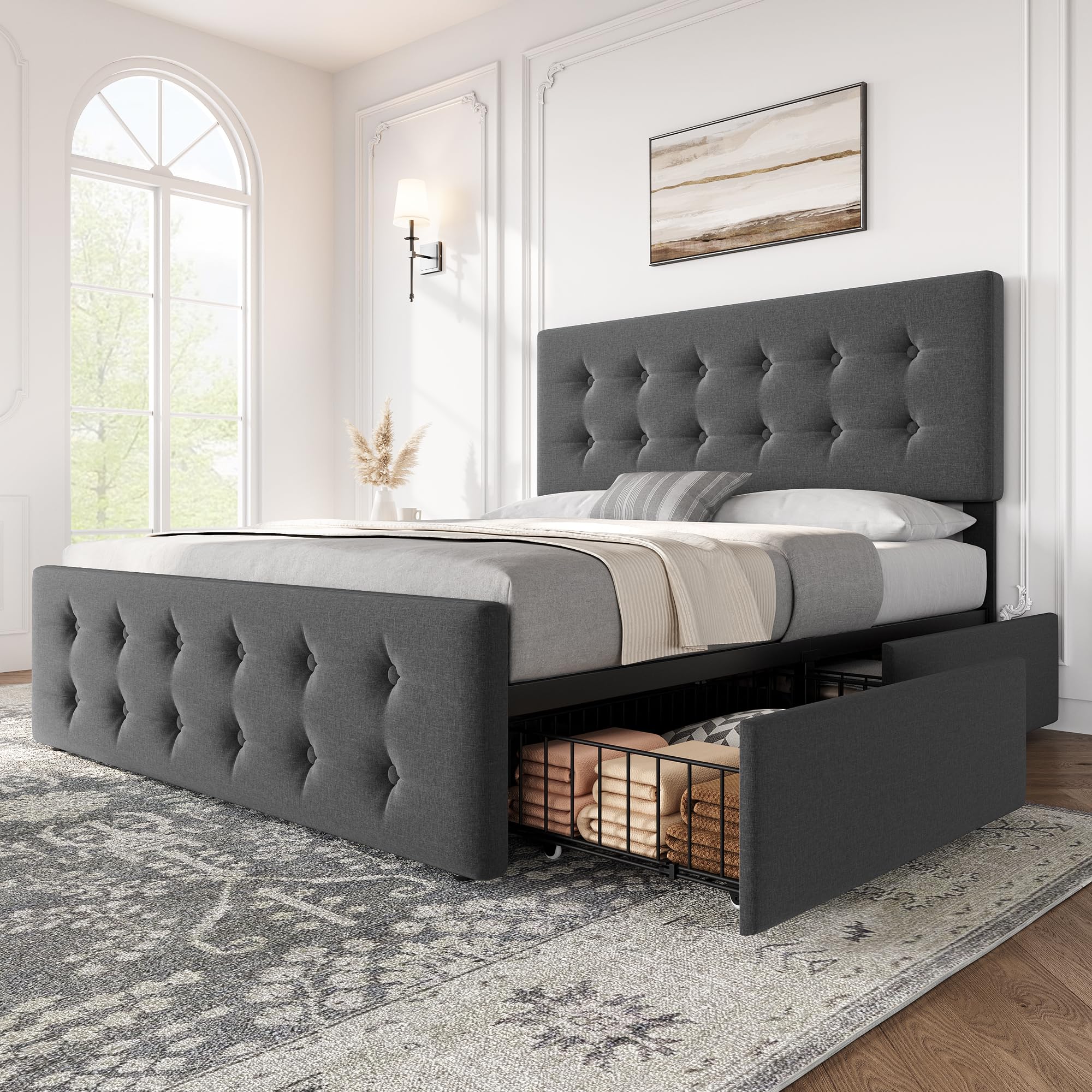 Idealhouse Full Size Bed Frame With 4 Storage Drawers And Adjustable Headboard, Upholstered Mattress Foundation With Skin-Frienly Linen, No Box Spring Needed, Dark Grey (Full)