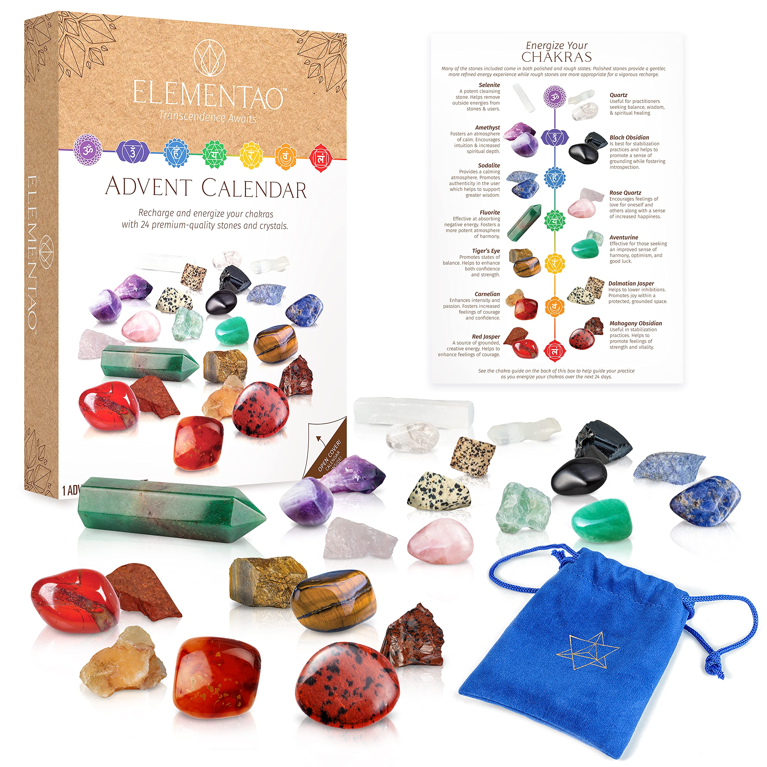 Elementao Advent Calendar 2023 - Crystals and Healing Stones - Christmas Countdown with 24 Chakra Stones and Healing Crystals, A