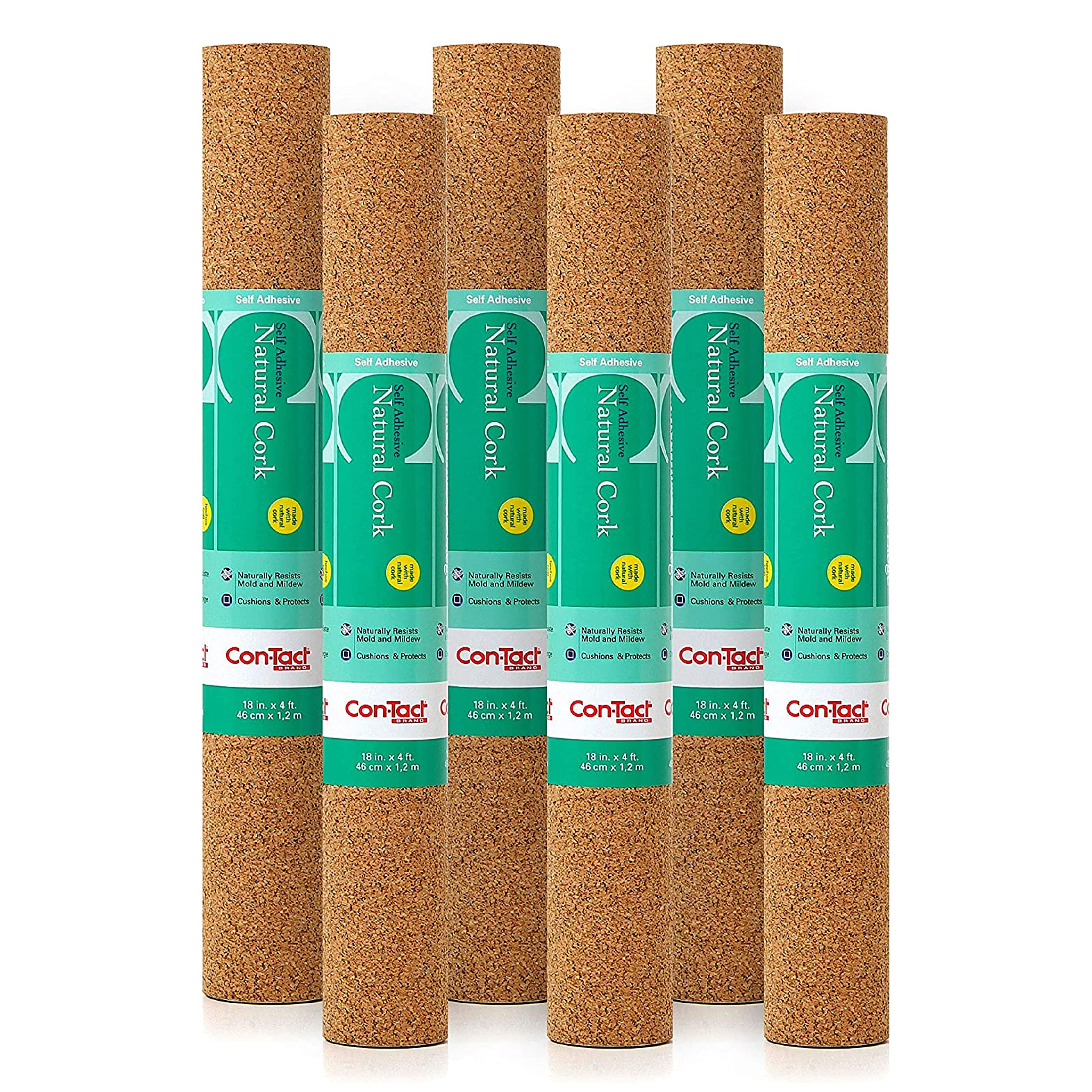 Con-Tact Brand Cork Roll, Self-Adhesive Cork Roll, Multi-Purpose Cork Shelf Liner, 18'' x 4', Brown, Pack of 6