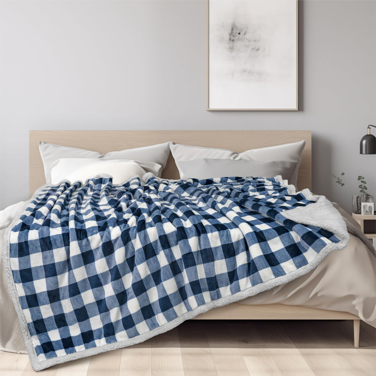 Pavilia Navy Blue And White Buffalo Plaid Sherpa Fleece Throw Blanket For Couch Twin, Soft Flannel Blanket For Sofa Bed, Checker
