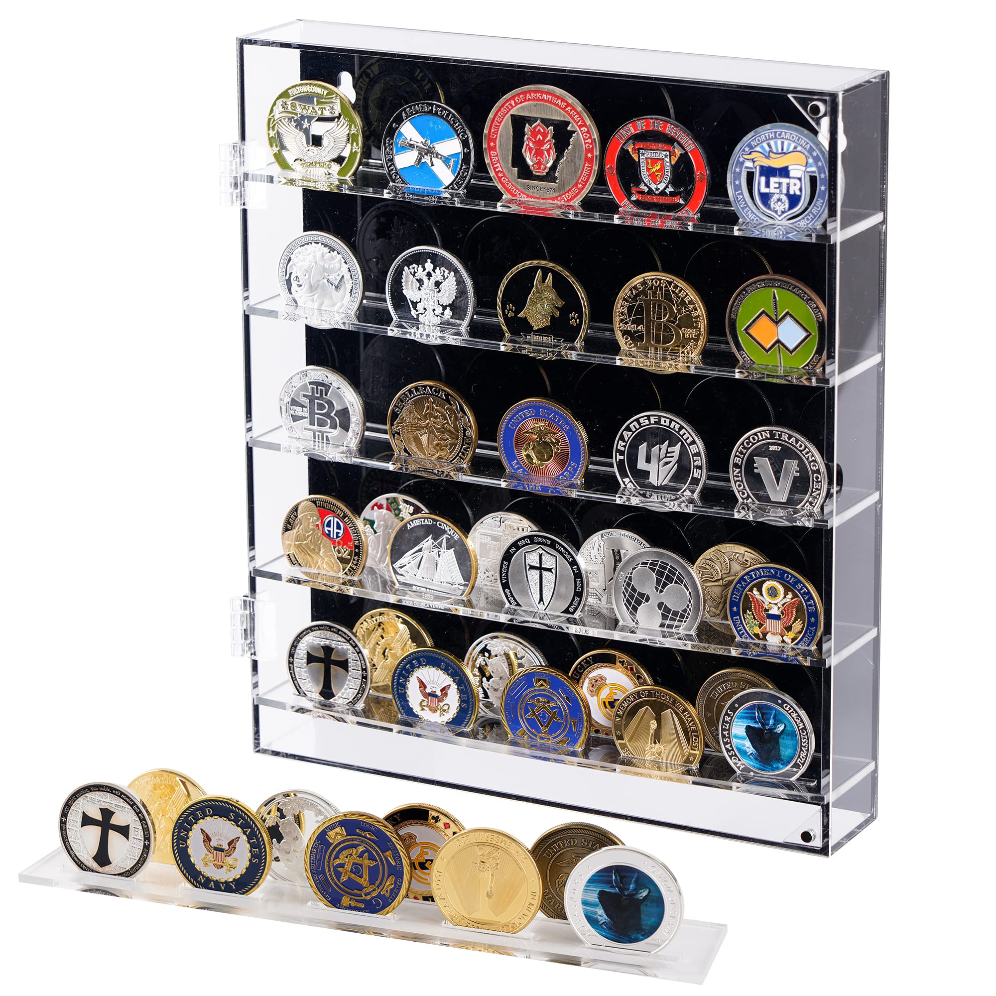 Coin Holder, Challenge Coin Display, Acrylic Military Coin Display Case With Removable Shelves And Magnetic Door, Fits 45 Milita