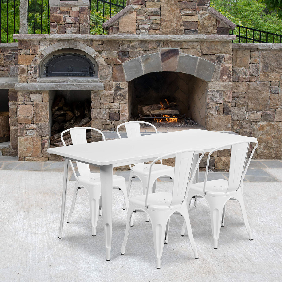 Flash Furniture Commercial Grade 31.5&quot; x 63&quot; Rectangular White Metal Indoor-Outdoor Table Set with 4 Stack Chairs