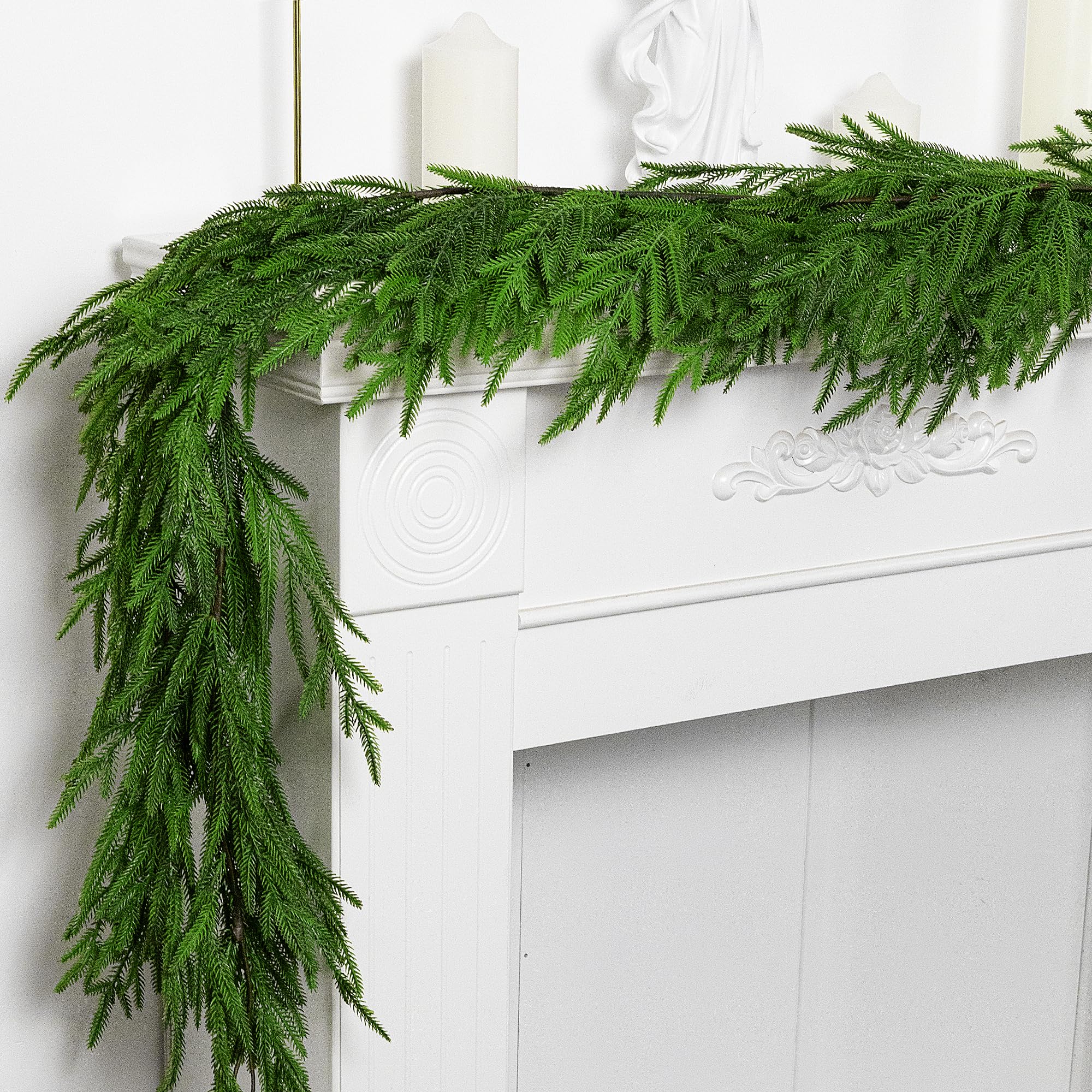 Watayo 2 Pcs Christmas Norfolk Pine Garland- 6 Ft Dense Real Touch Pine Garland Ornament- Realistic Artificial Pine Greenery Gar