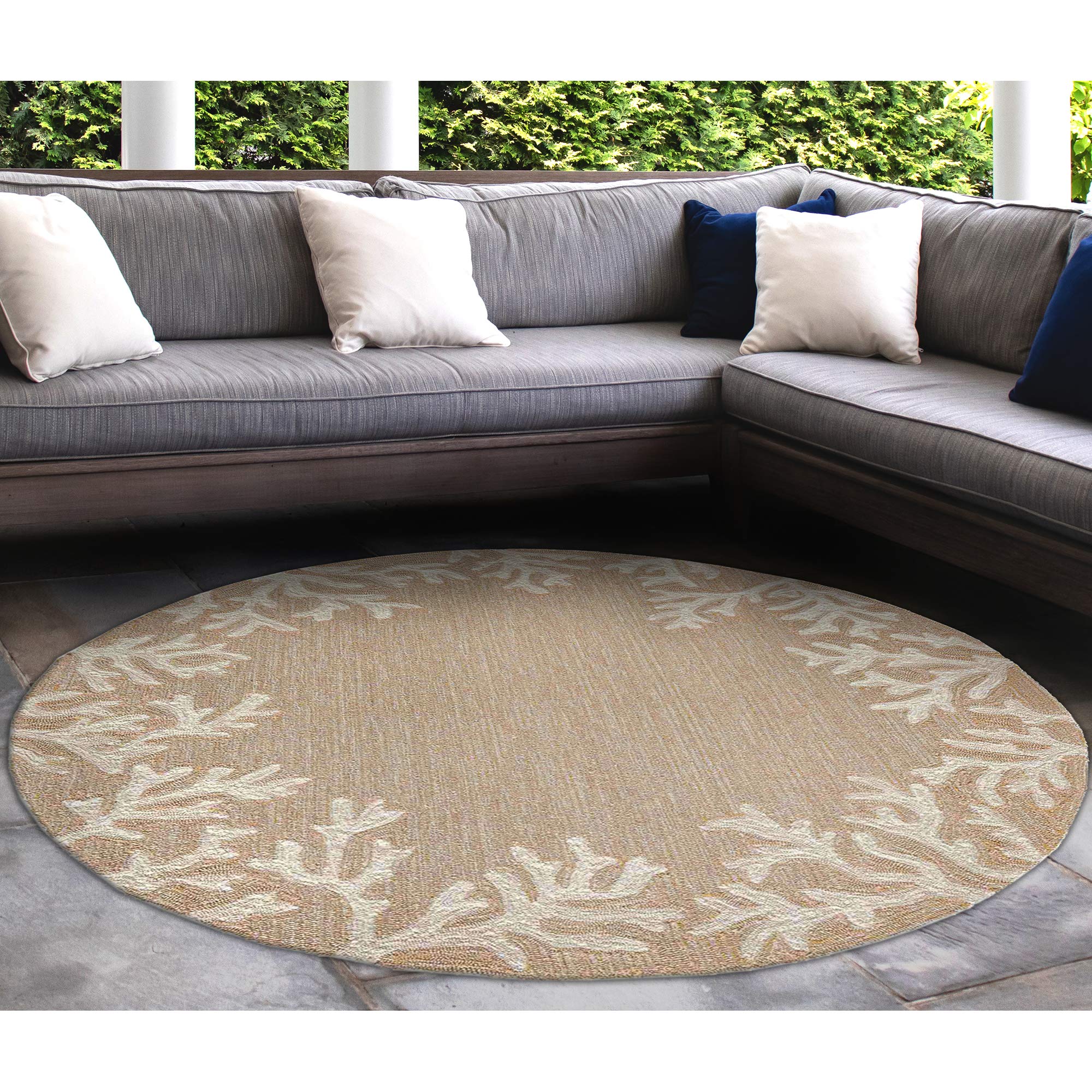Liora Manne Capri Coastal Coral Border Neutral Indoor/Outdoor Rug, 8' Round