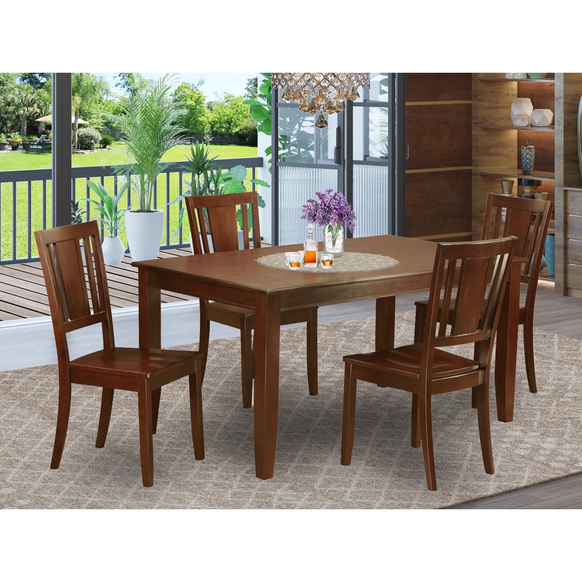 East West Furniture DUDL5-MAH-W Dudley 5 Piece Kitchen Set Includes a Rectangle Dining Room Table and 4 Solid Wood Seat Chairs, 36x60 Inch