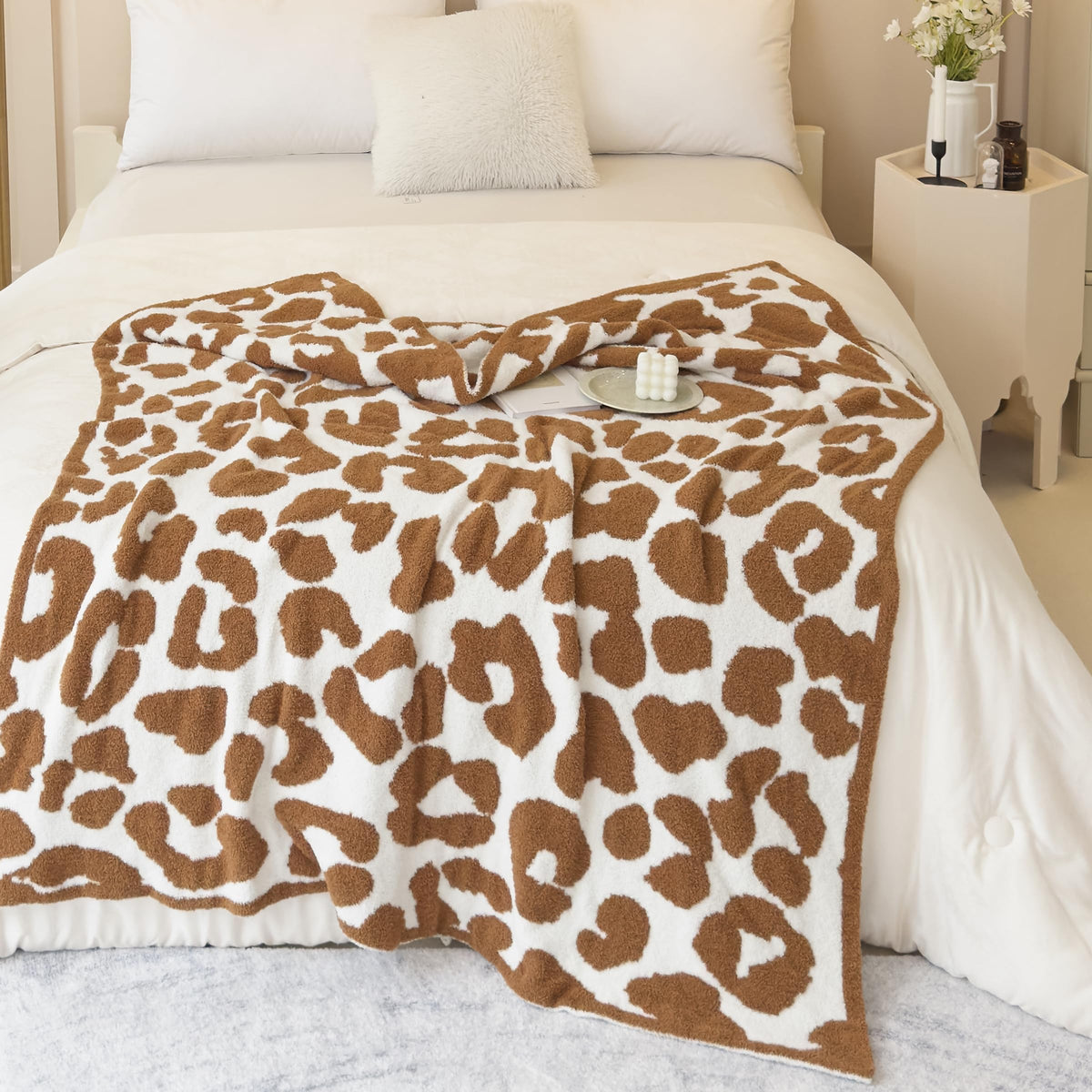 Ultra Soft Cozy Leopard Brown Animals Print Fluffy Microfiber Knitted Throw Blanket Super Cozy Lightweight Fleece Bed Blanket Fo
