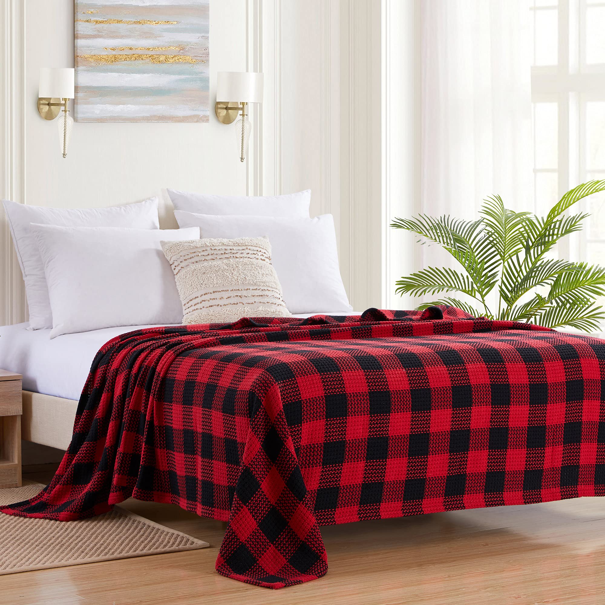 Fine Cotton Blend Blanket Luxurious Weave Stylish Design Soft And Comfortable All Season Warmth, King, Buffalo Plaid Burgundy Bl