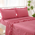 K Masaniji Red White Plaid Ruffle Sheets Twin Size 4-Piece Set, 300Tc 100% Yarn Dyed Cotton Sheets Deep Pocket Farmhouse Gingham