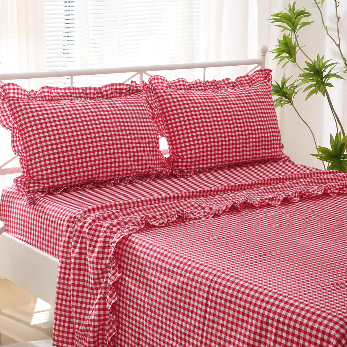 K Masaniji Red White Plaid Ruffle Sheets Twin Size 4-Piece Set, 300Tc 100% Yarn Dyed Cotton Sheets Deep Pocket Farmhouse Gingham