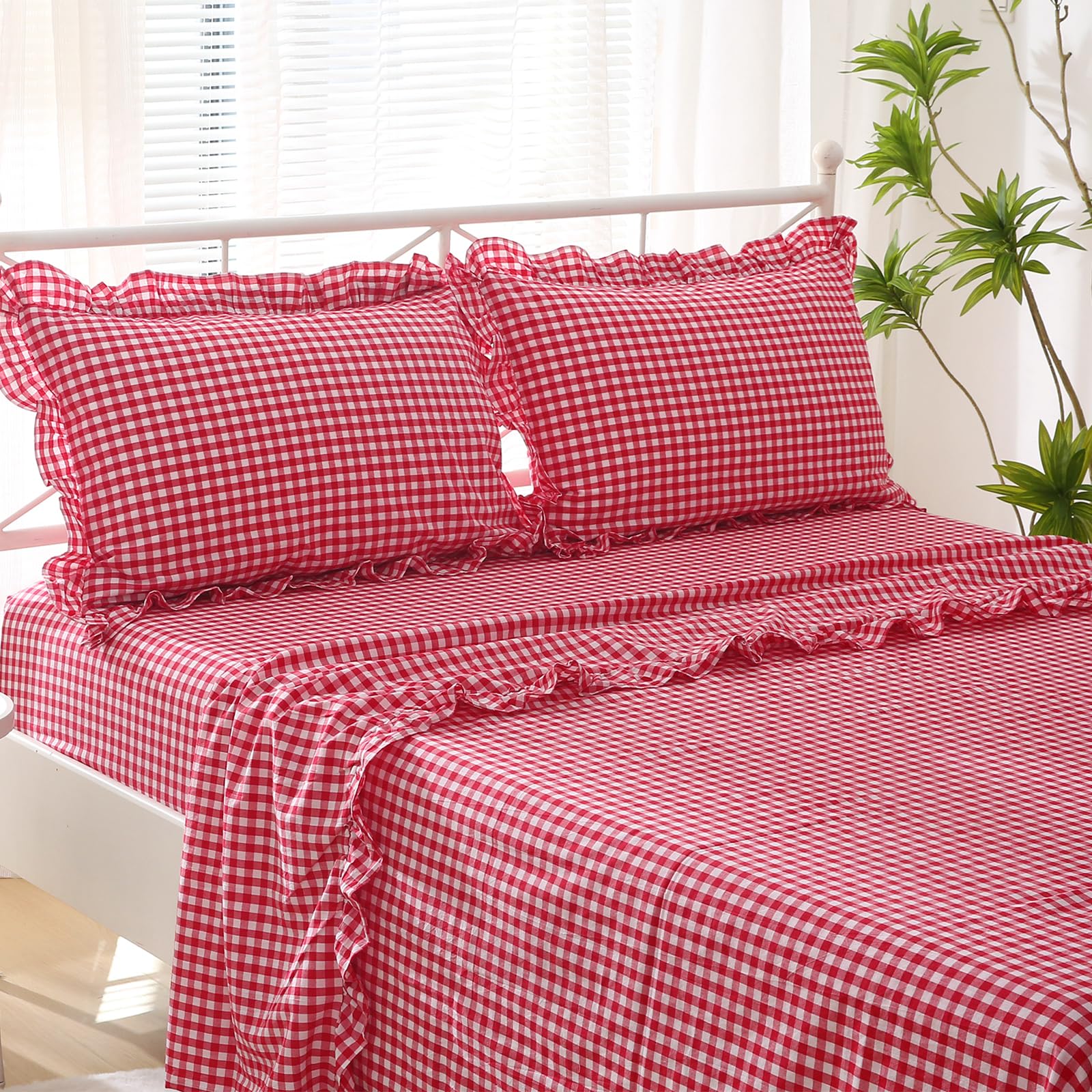 K Masaniji Red White Plaid Ruffle Sheets Twin Size 4-Piece Set, 300Tc 100% Yarn Dyed Cotton Sheets Deep Pocket Farmhouse Gingham