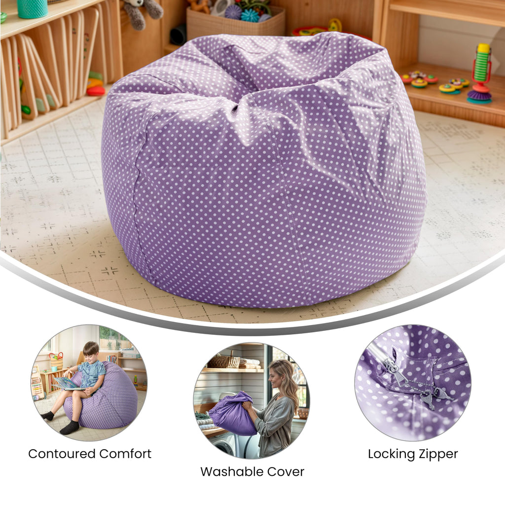 Flash Furniture Dillon Small Bean Bag Chair for Kids and Teens, Foam-Filled Beanbag Chair with Machine Washable Cover, Lavender Polka Dot