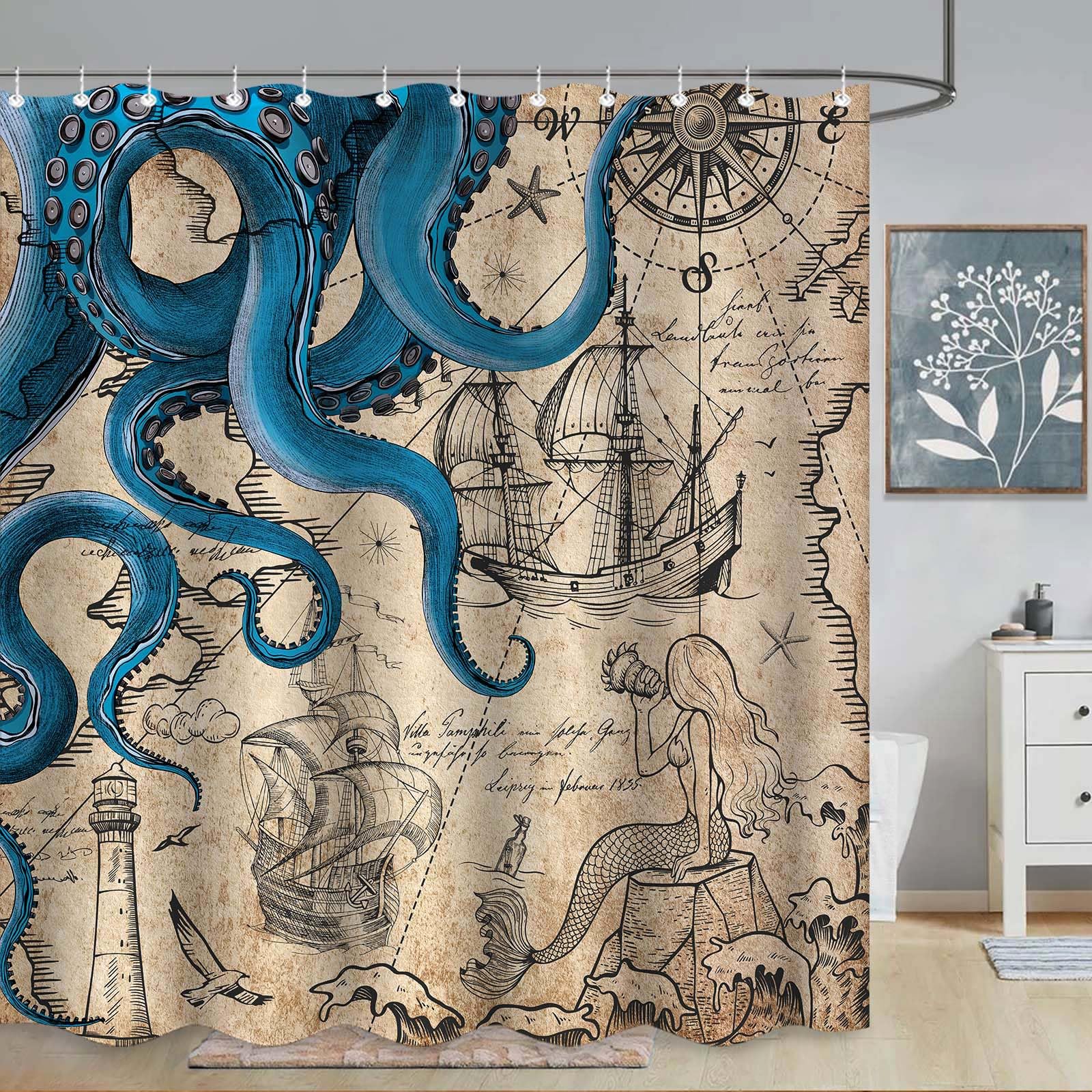 Fungarth 84 Inch Extra Long Vintage Nautical Octopus Shower Curtain Navy Blue Mermaid Funny Ocean Kraken Shower Curtains For Bat