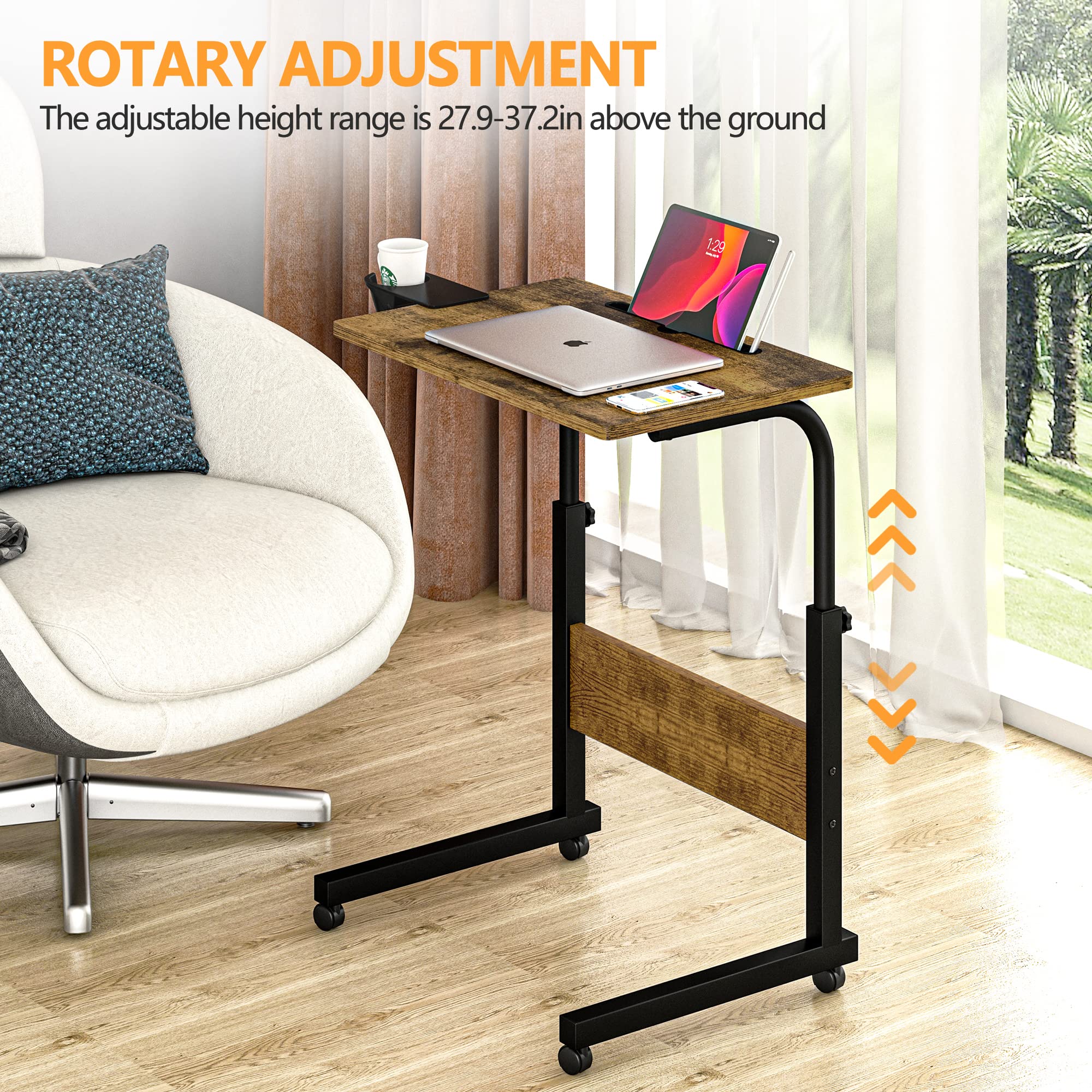 Klvied Mobile Standing Desk, Rolling Desk With Cup Holder, Portable Laptop Couchtable, Small Computer Desk, Bedside Table, Mobile Laptop Stand, Work Desk For Home Office, Walnut