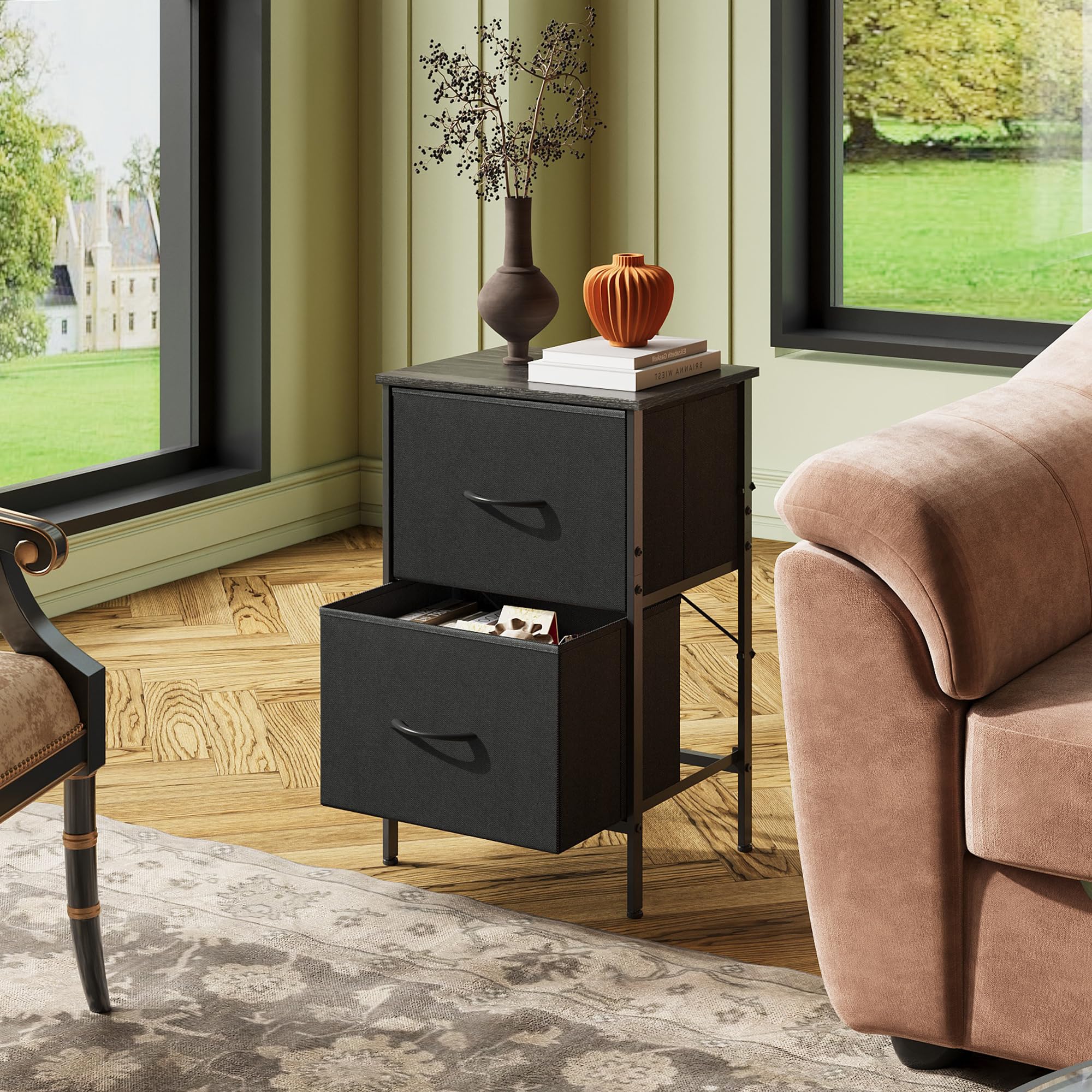 Wlive Nightstand Set Of 2, 2 Drawer Dresser For Bedroom, Small Dresser With 2 Drawers, Bedside Furniture, Night Stand, End Table With Fabric Bins For Bedroom, Dorm, Charcoal Black, Size L