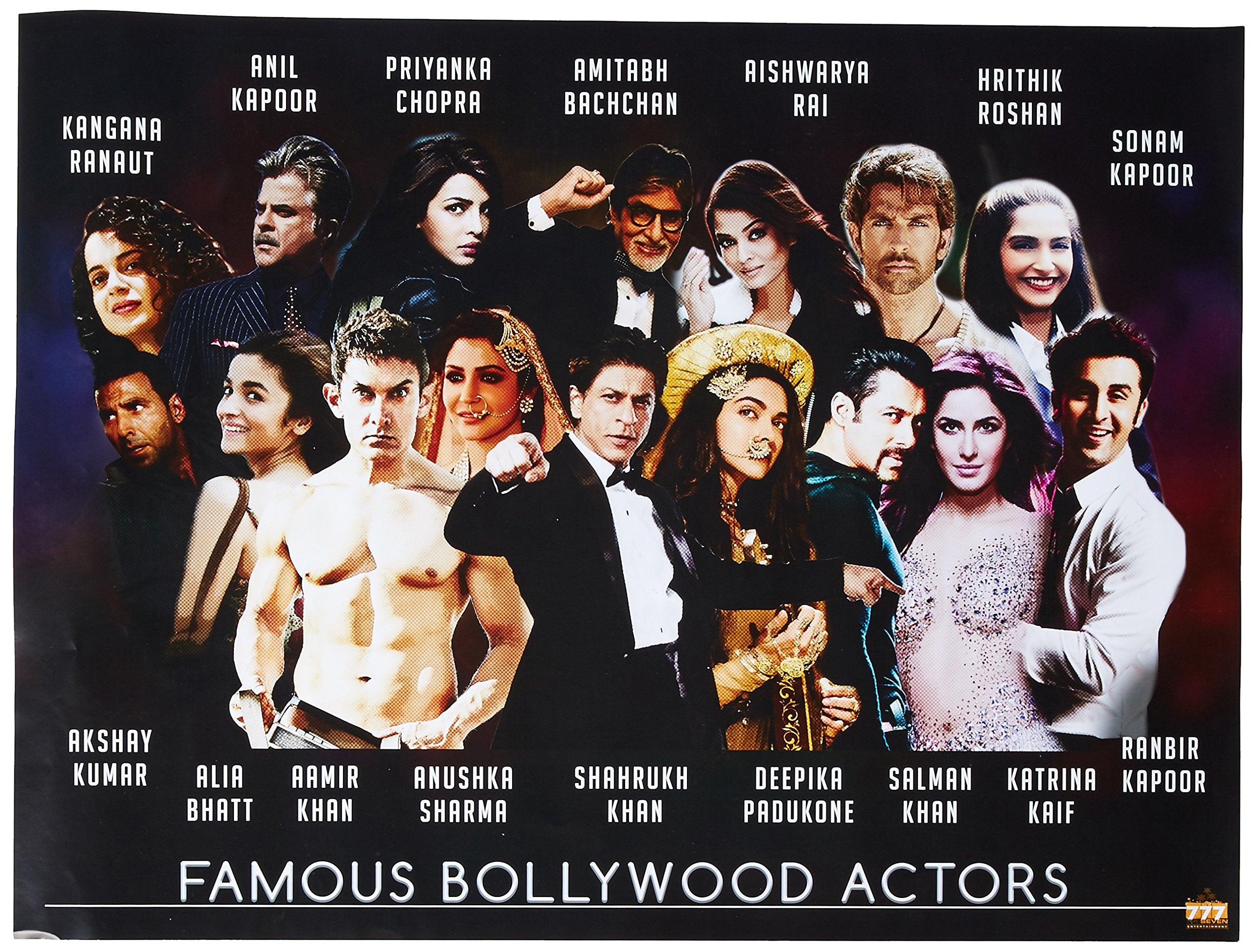 777 Tri-Seven Entertainment Famous Bollywood Actors Poster Hindi Movie Wall Art, 24x18, Unframed, Multicolor