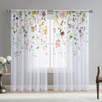 Fereyis Floral Sheer Curtains For Living Room 84 Inch Length 2 Panels Set Elegant Butterfly Spring Flower Printed Window Curtain