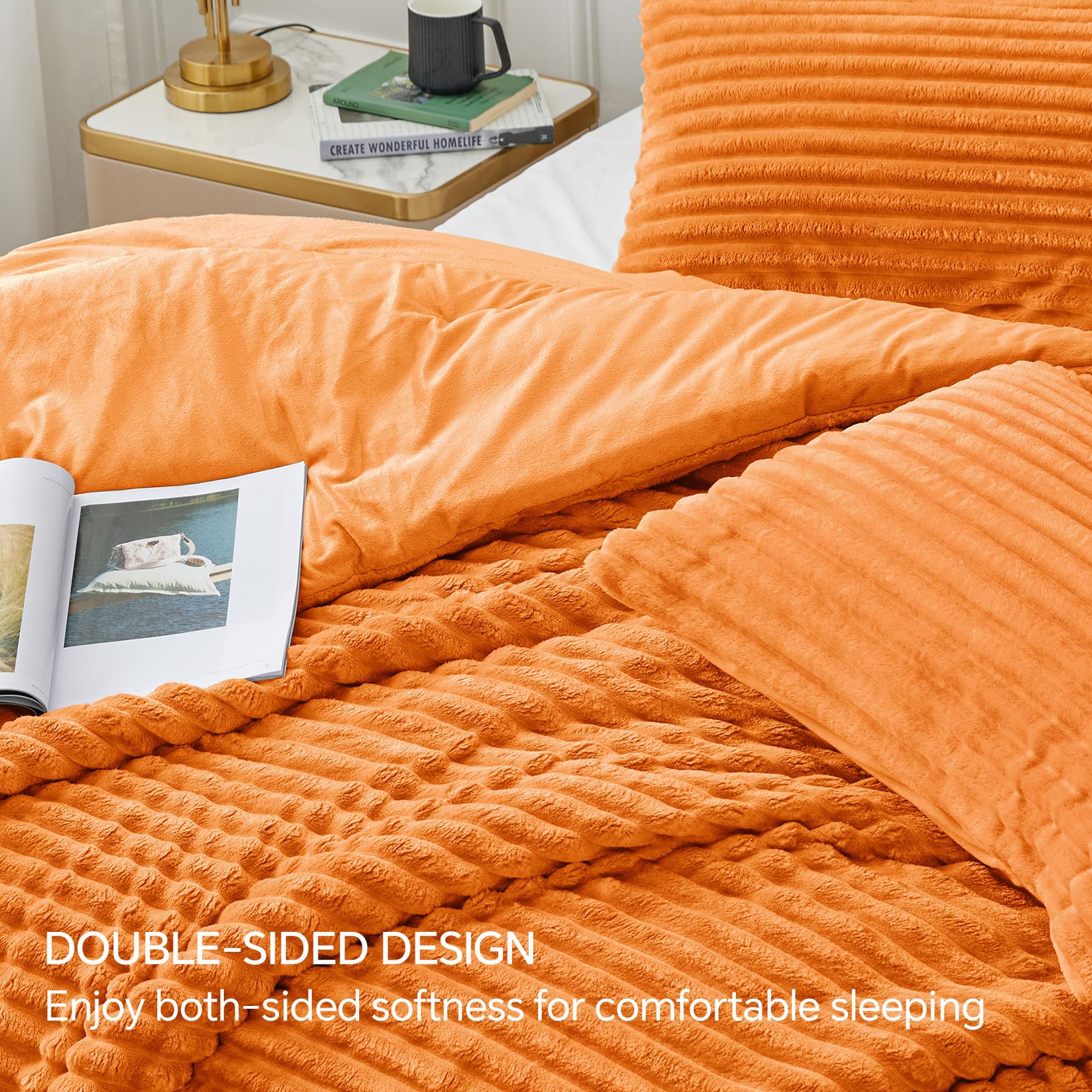 Bedelite Fleece King Comforter Set -Super Soft & Warm Fluffy Burnt Orange Bedding, Luxury Fuzzy Heavy Bed Set For Winter With 2