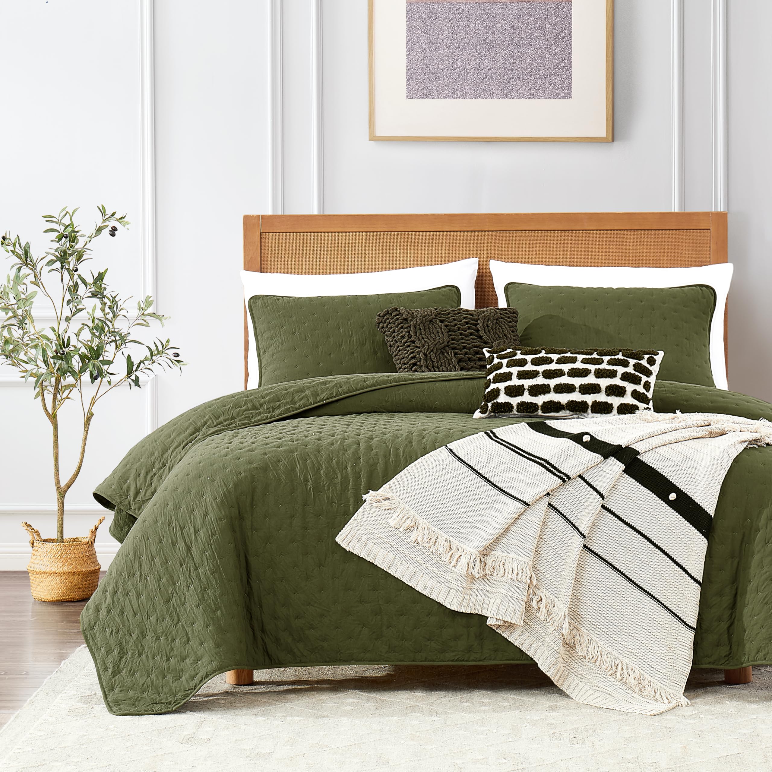 Roaringwild Green Twin Size Quilt Bedding Sets With Pillow Sham, Olive Lightweight Soft Bedspread Coverlet, Sage Quilted Blanket