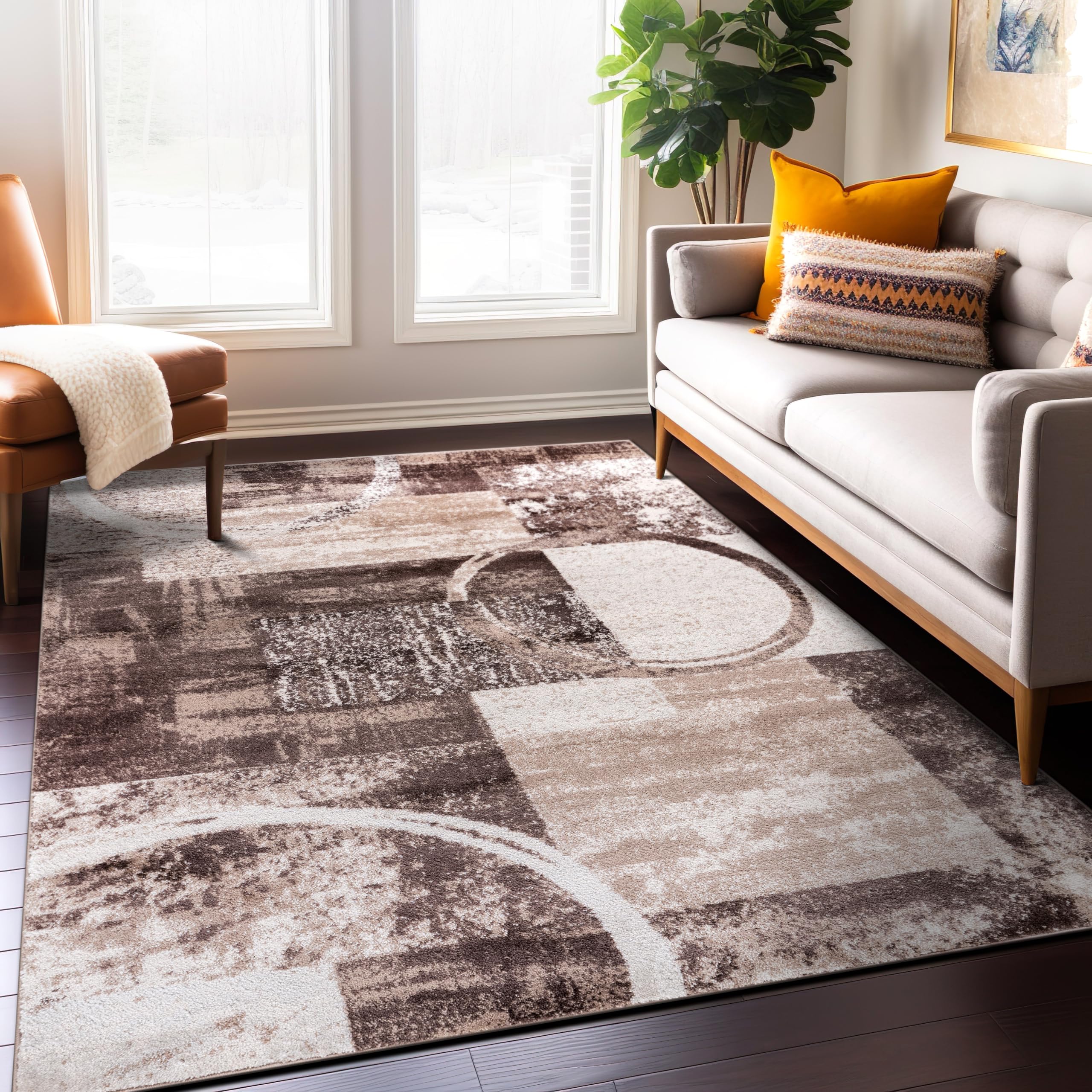 Rugshop Contemporary Abstract Circle Design Soft Area Rug 5'3'' x 7'3'' Brown