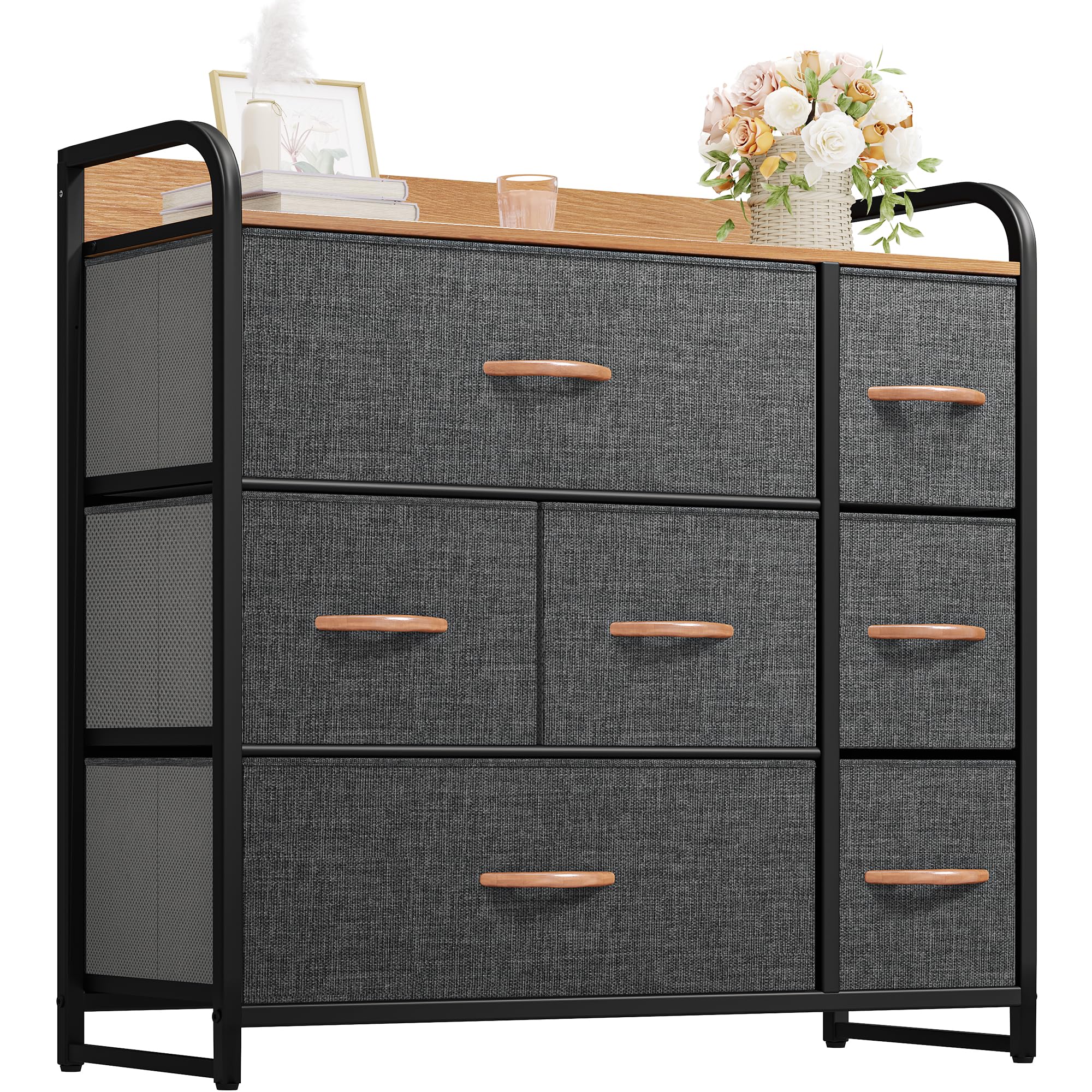 Dwvo Fabric Dresser With 7 Drawers, Black Dresser & Chest Of Drawers, Storage Tower With Large Capacity, Organizer Unit For Bedroom, Living Room & Closets