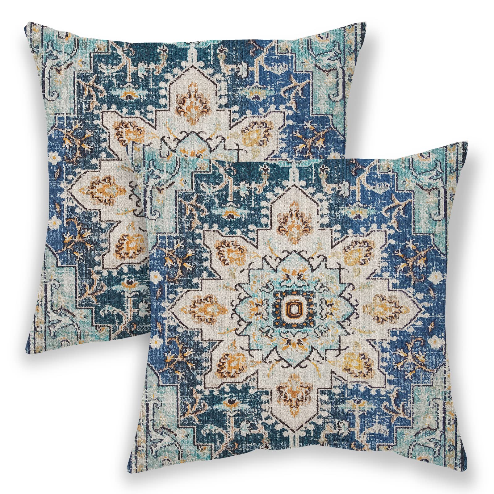 Betginy Boho Pillow Covers 16X16, Blue And Teal Ethnic Design Outdoor Decorative Throw Pillows For Couch, Carpet Pattern Decor C