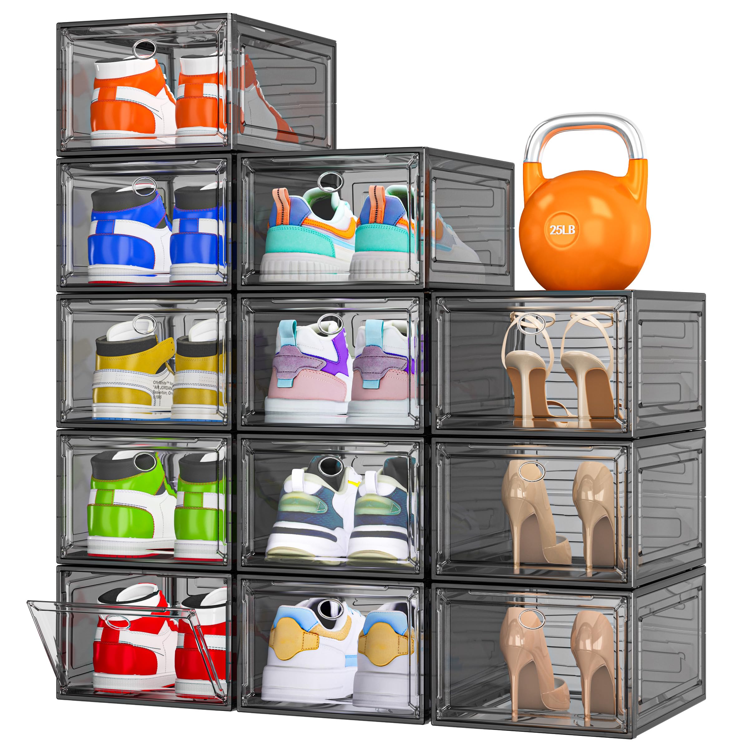 12 Pack Clear Shoe Storage Organizer with Magnetic Door, Stackable Plastic Shoe Boxes for Sneakers, Boots, and Heels, Space-Savi