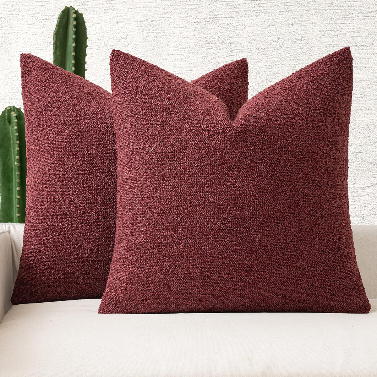 Miulee Set Of 2 Christmas Burgundy Throw Pillow Covers 18X18 Inch Decorative Couch Pillow Covers Textured Boucle Accent Solid Pi