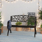 Phi Villa 50Inch Cast Iron Steel Frame Garden Bench Patio Furniture Chair Outdoor Bench W/Floral Design Backrest, Slatted Seat For Park, Yard & Porch, Bronze