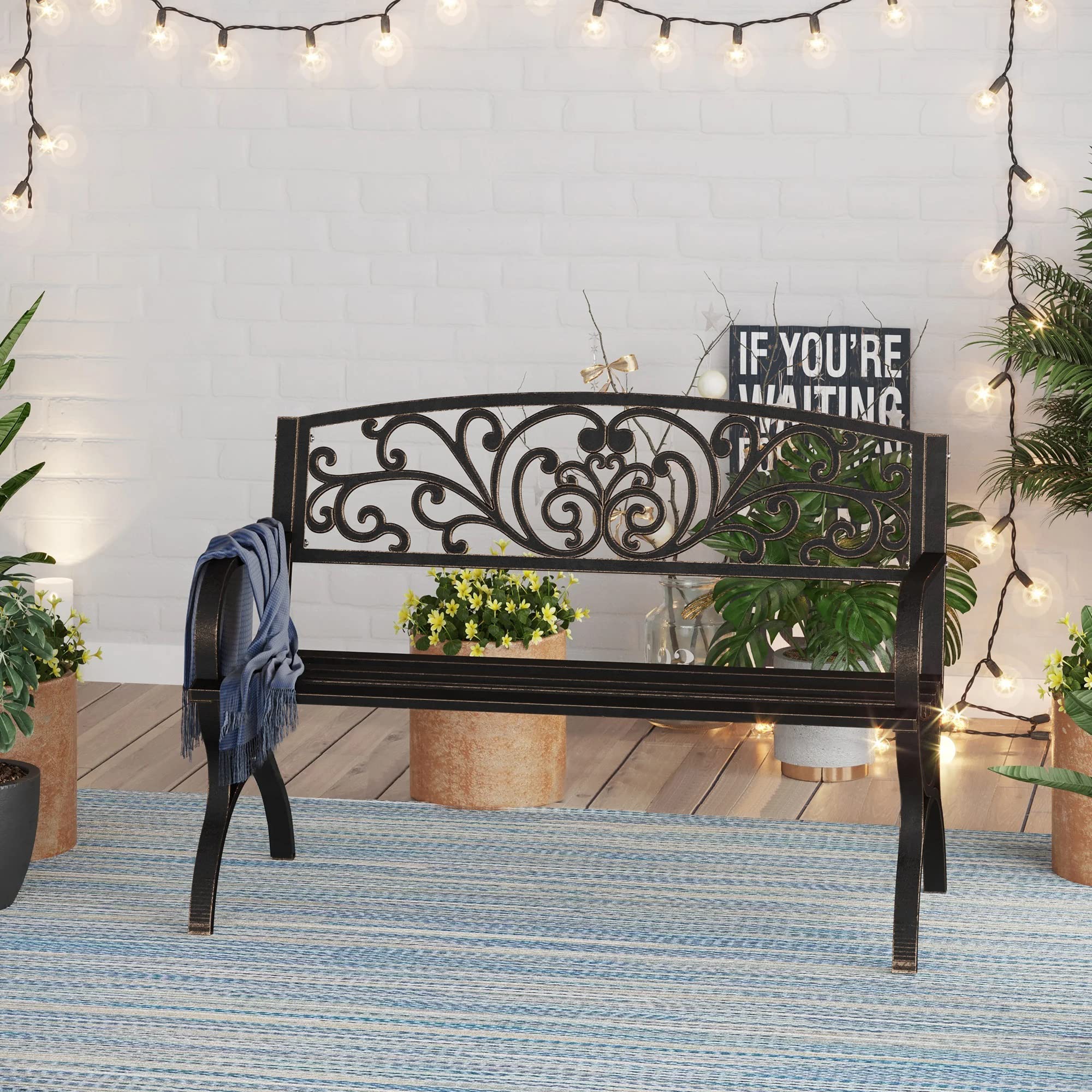 Phi Villa 50Inch Cast Iron Steel Frame Garden Bench Patio Furniture Chair Outdoor Bench W/Floral Design Backrest, Slatted Seat For Park, Yard & Porch, Bronze