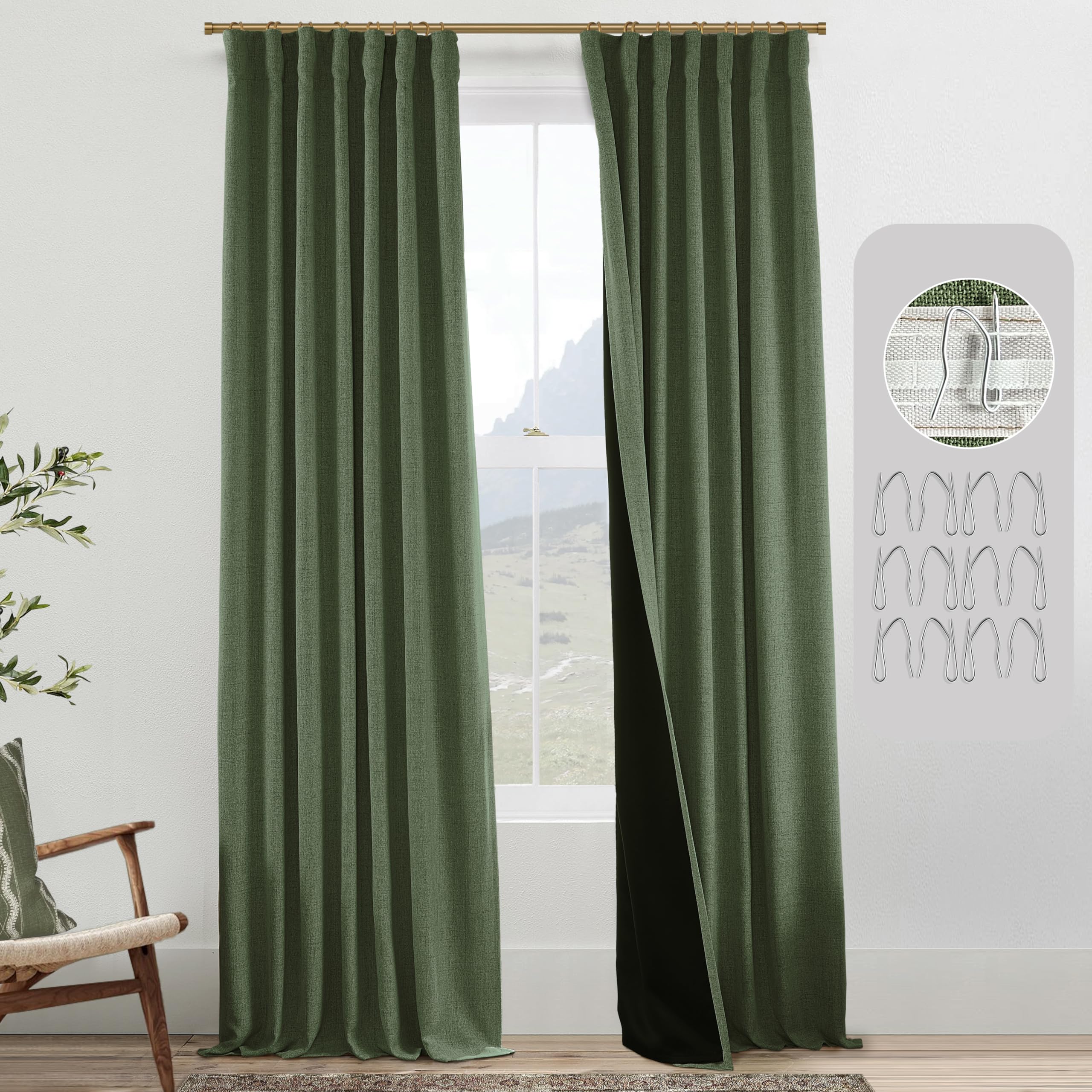 PANELSBURG 108 Inches Long Blackout Curtains for Living Room 2 Panel Set Linen Back Tab Hook Pleated Room Darkening Large Window