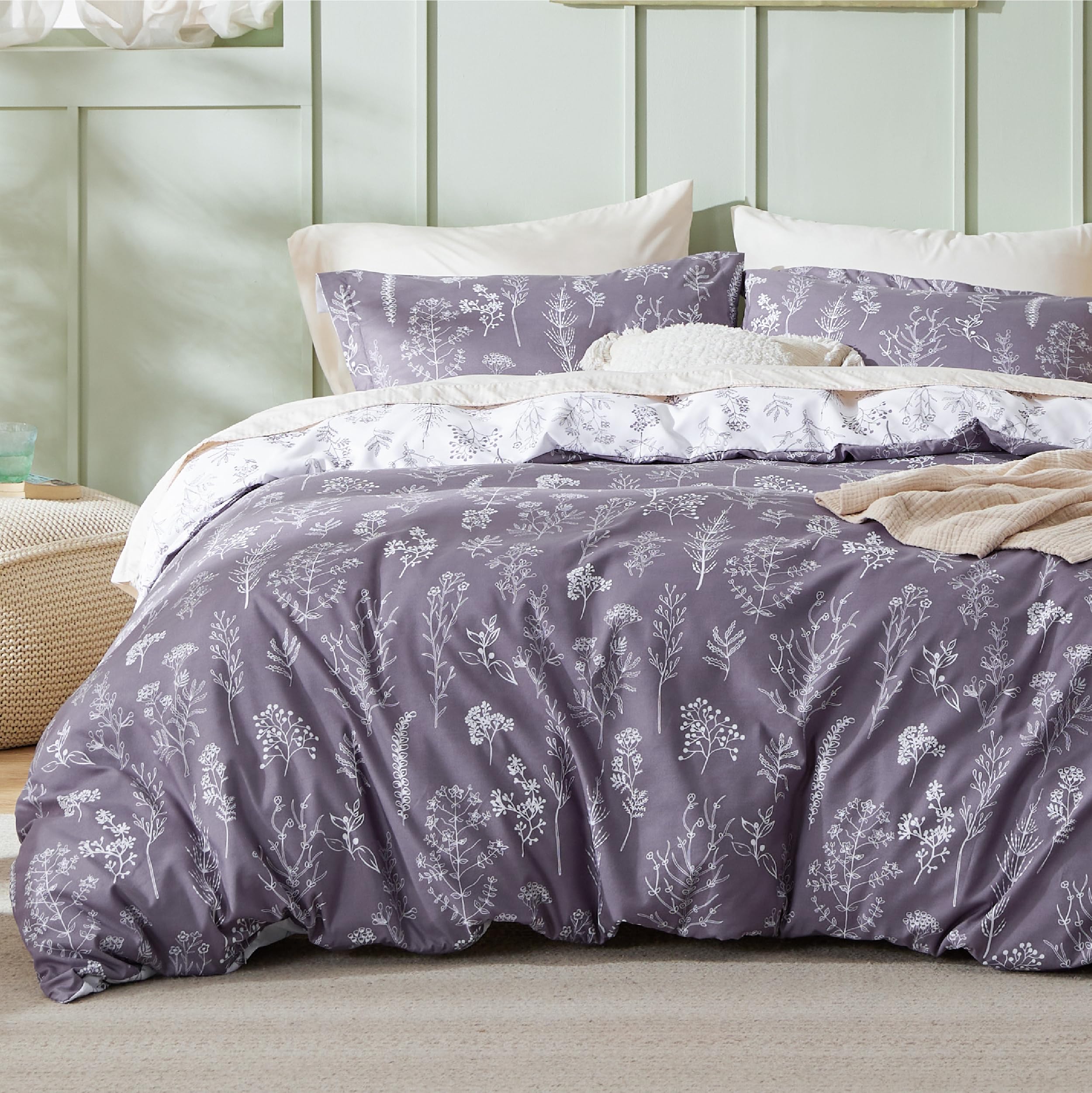 Bedsure Duvet Cover King Size - Reversible Grayish Purple Duvet Cover Set With Zipper Closure, Cute Floral Bedding Comforter Cover, 3 Pieces, 1 Duvet Cover 104'X90' And 2 Pillow Shams 20'X36'