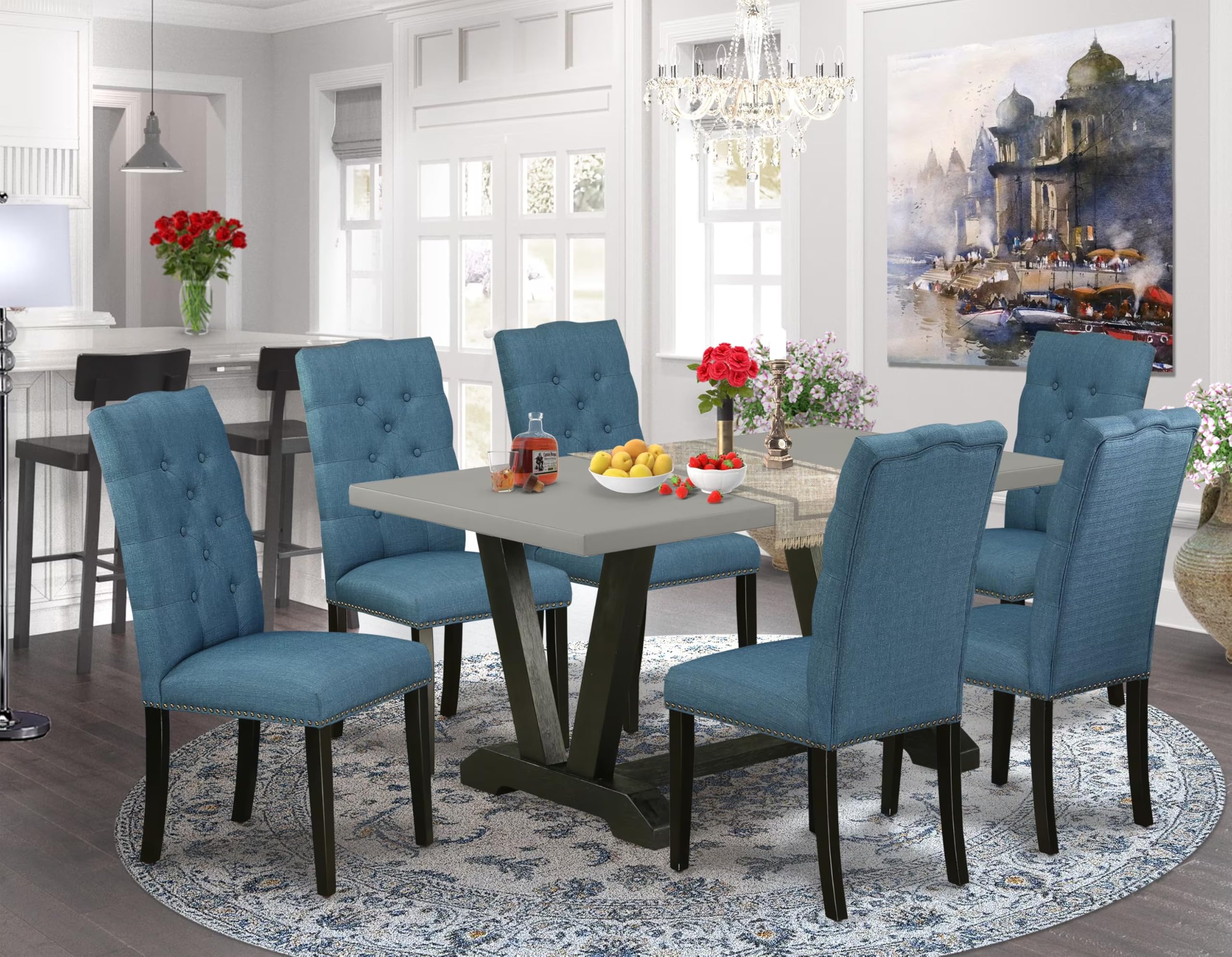 East West Furniture V696El121-7 7 Piece Kitchen Table & Chairs Set Consist Of A Rectangle Dining Room Table With V-Legs And 6 Blue Linen Fabric Parsons Chairs, 36X60 Inch, Multi-Color
