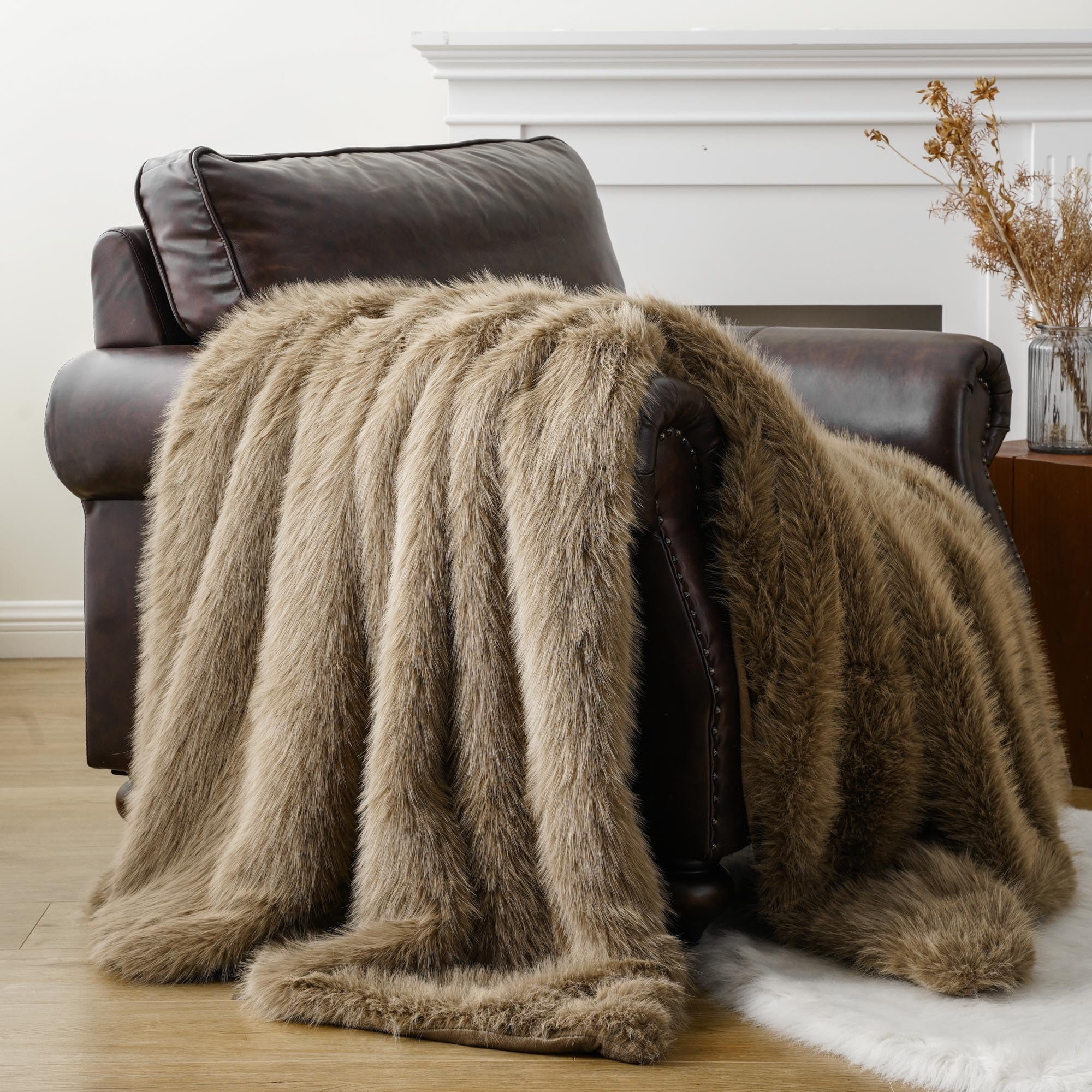 Battilo Home Luxury Fluffy Tan Faux Fur Throw Blanket, Super Soft Cozy Warm Fur Blanket For Couch, Sofa, Chair, Bed, Plush Fuzzy