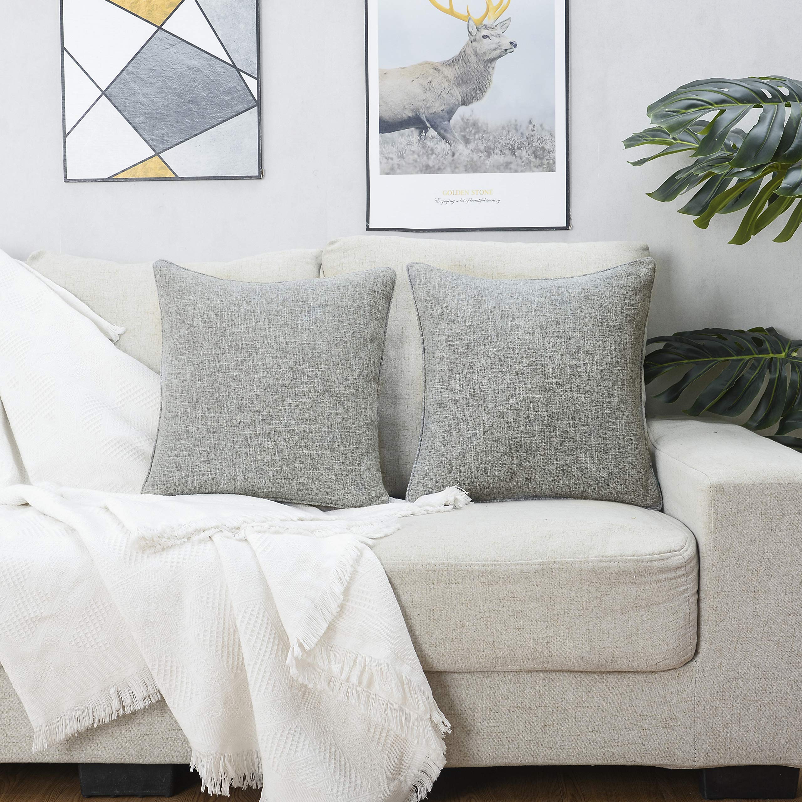 Hpuk Linen Throw Pillow Covers Pack Of 2, 18X18 Inch Accent Cushion Covers For Living Room, Bedroom, Decorative Solid Color Pillow Covers For Couch, Sofa, Chair, Grey