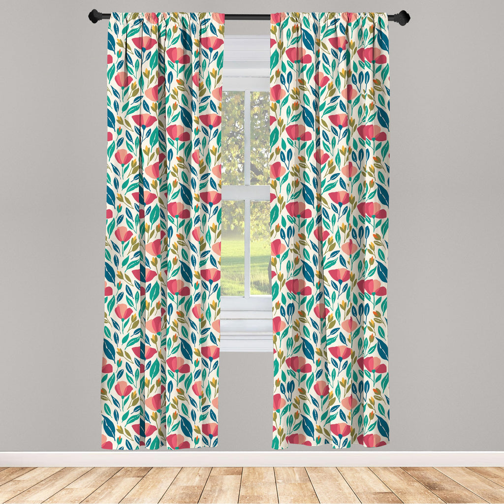 Ambesonne Poppy Flower Window Curtains Pack Of 2, Colorful Spring Garden With Abstract Leaves Sprouts And Petals Nature Beauty,