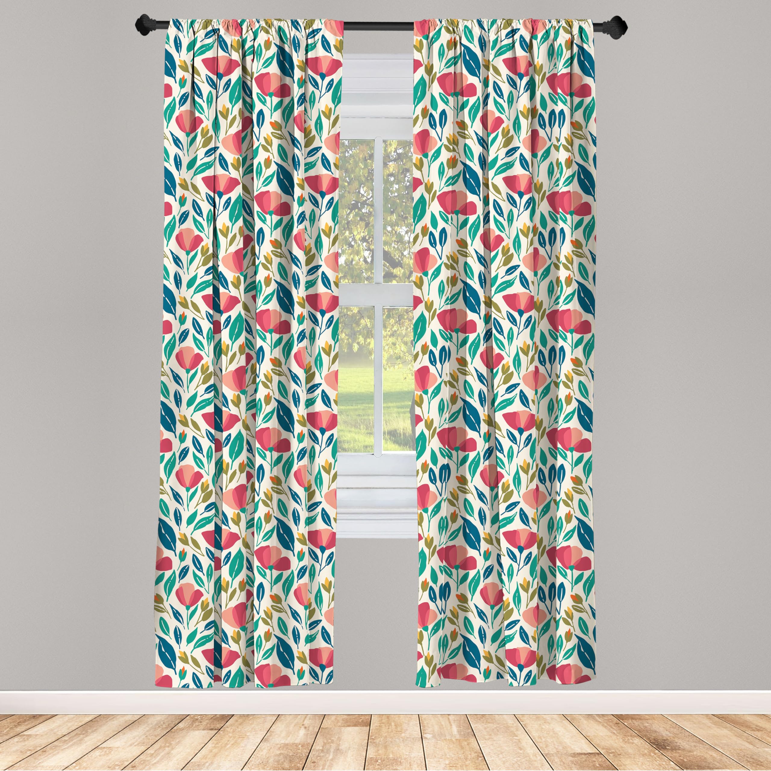 Ambesonne Poppy Flower Window Curtains Pack Of 2, Colorful Spring Garden With Abstract Leaves Sprouts And Petals Nature Beauty,