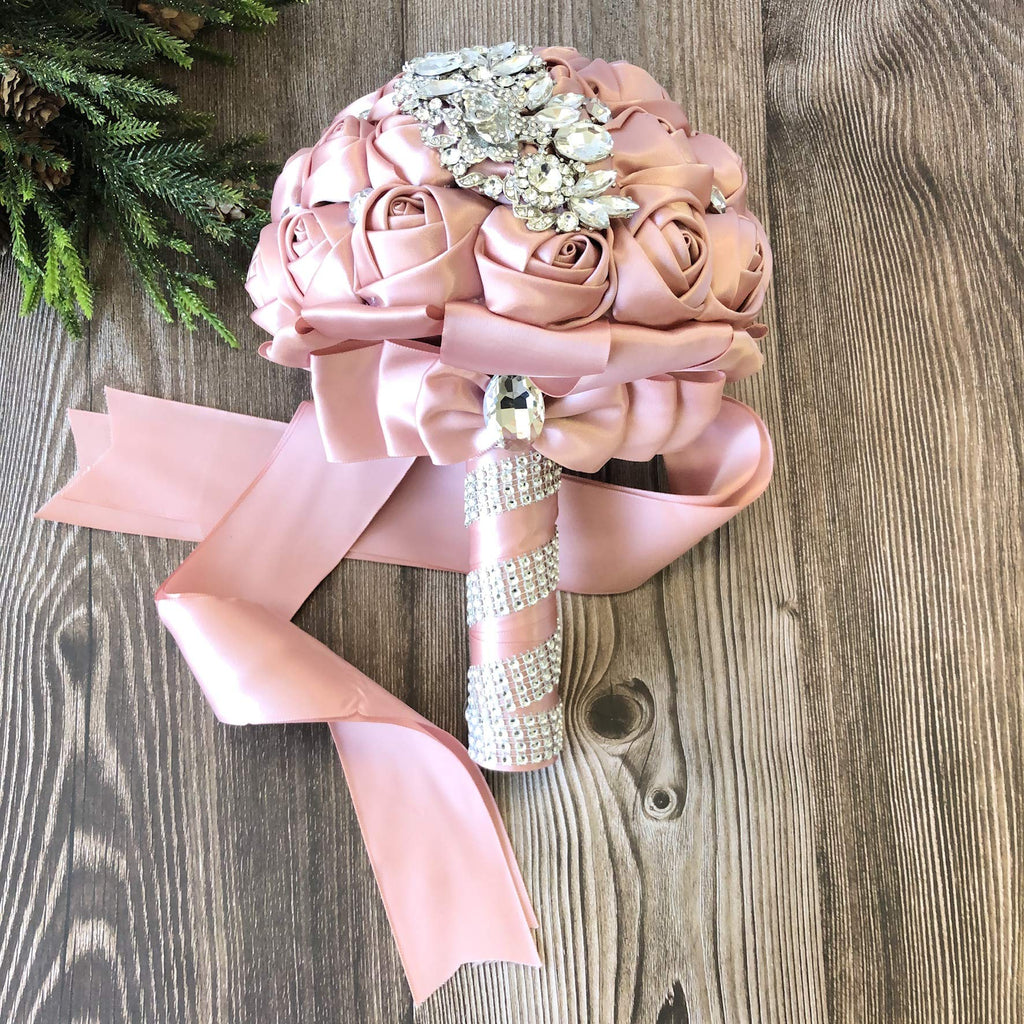 Abbie Home Quinceanera Silver Brooch Bouquet - Bride Wedding Bouquets Bridesmaids Satin Rose Flower With Sparkle Rhinestone Crys