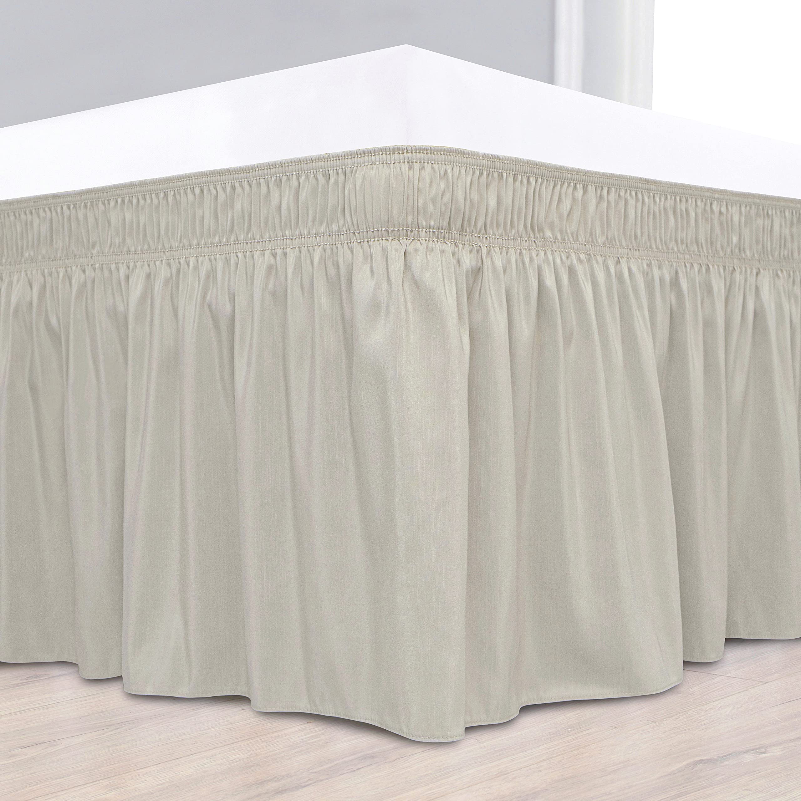 Biscaynebay Wrap Around Bed Skirts For Queen Beds 16' Drop, Camel Grey Adjustable Elastic Dust Ruffles Easy Fit Wrinkle Resistant Silky Luxurious Fabric Machine Washable