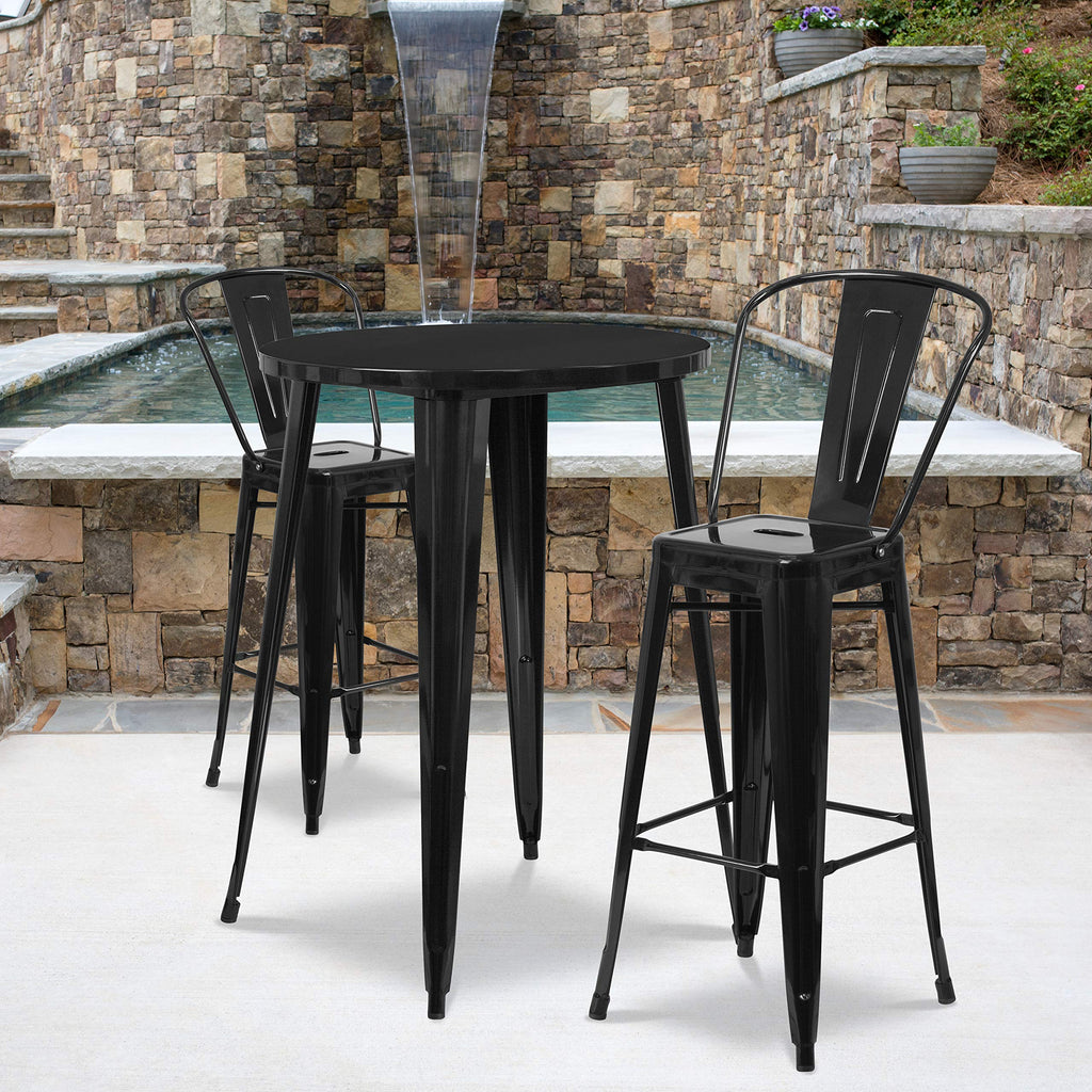 Flash Furniture Commercial Grade 30" Round Black Metal Indoor-Outdoor Bar Table Set With 2 Cafe Stools