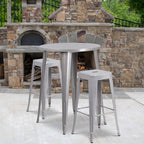 Flash Furniture Commercial Grade 30" Round Silver Metal Indoor-Outdoor Bar Table Set with 2 Square Seat Backless Stools