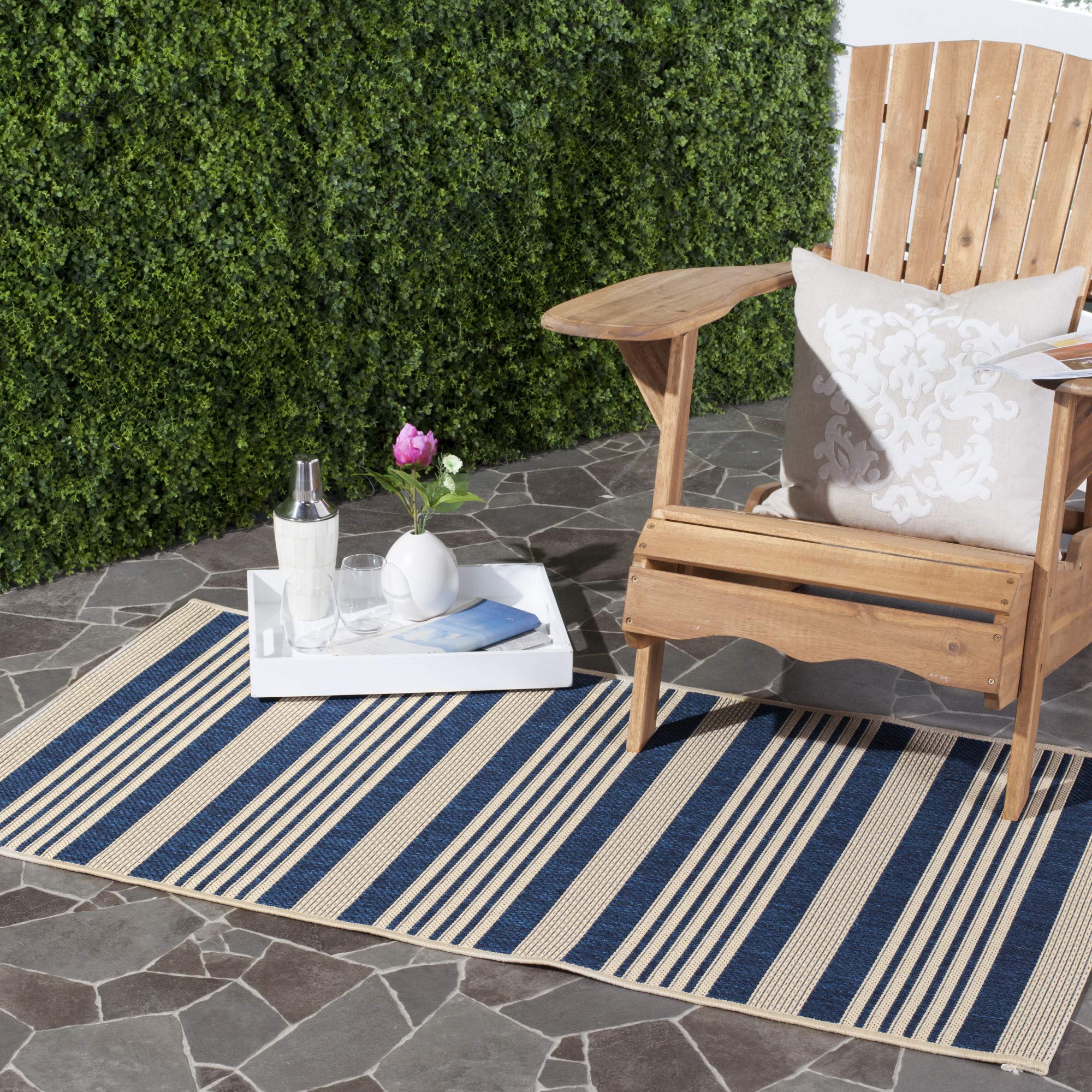 Safavieh Courtyard Collection Accent Rug - 2'7' X 5', Green & Beige, Stripe Design, Non-Shedding & Easy Care, Indoor/Outdoor & W