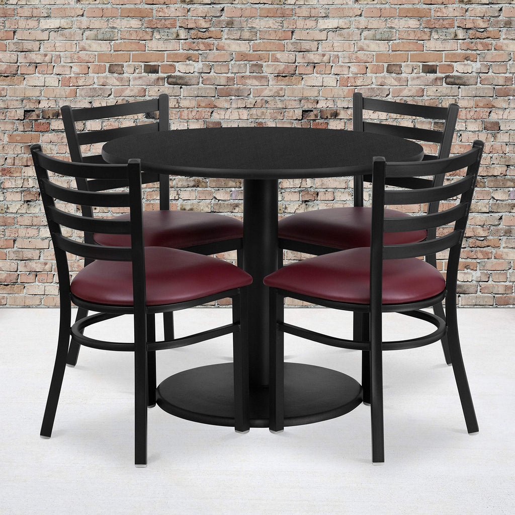 Flash Furniture 36'' Round Black Laminate Table Set With Round Base And 4 Ladder Back Metal Chairs - Burgundy Vinyl Seat