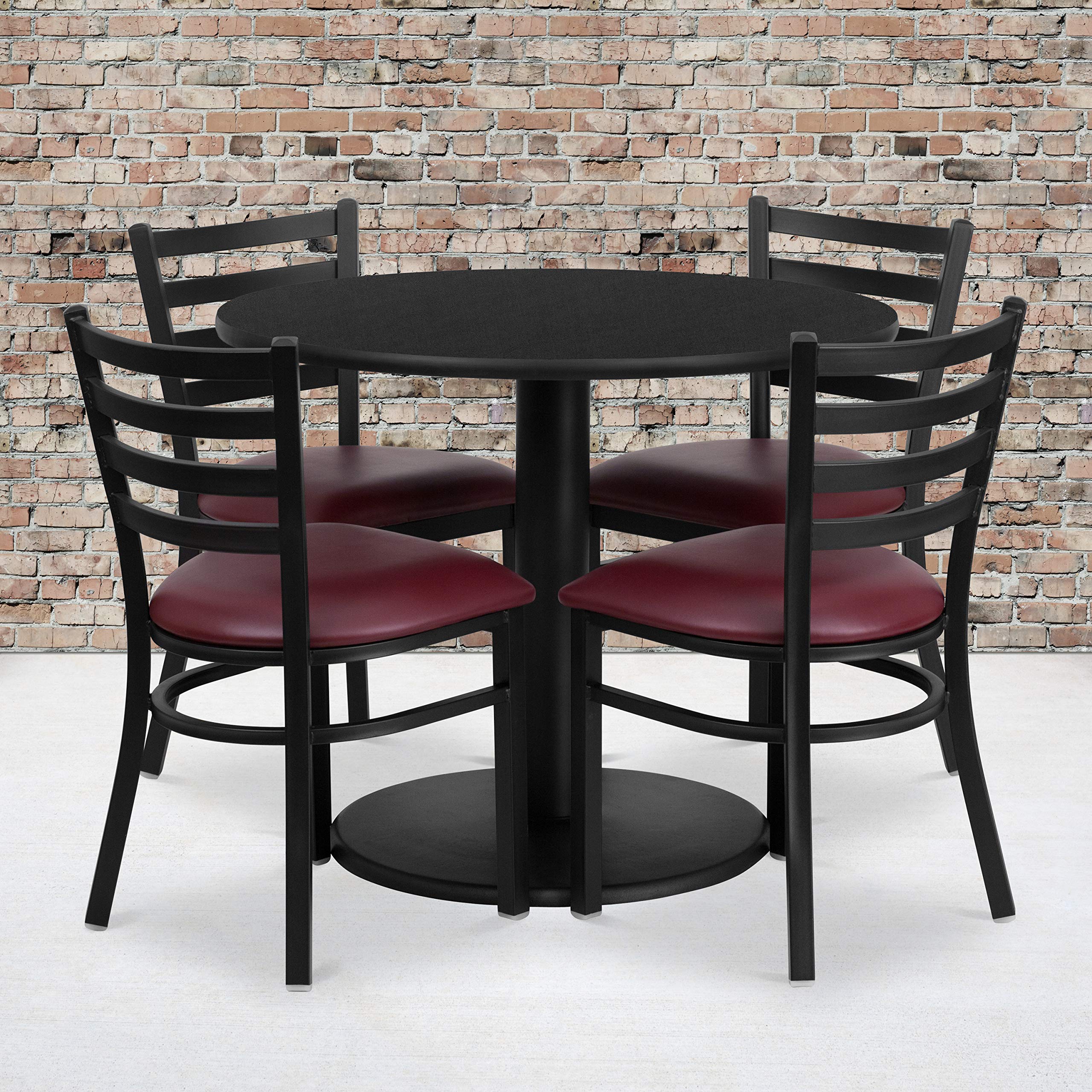 Flash Furniture 36'' Round Black Laminate Table Set With Round Base And 4 Ladder Back Metal Chairs - Burgundy Vinyl Seat