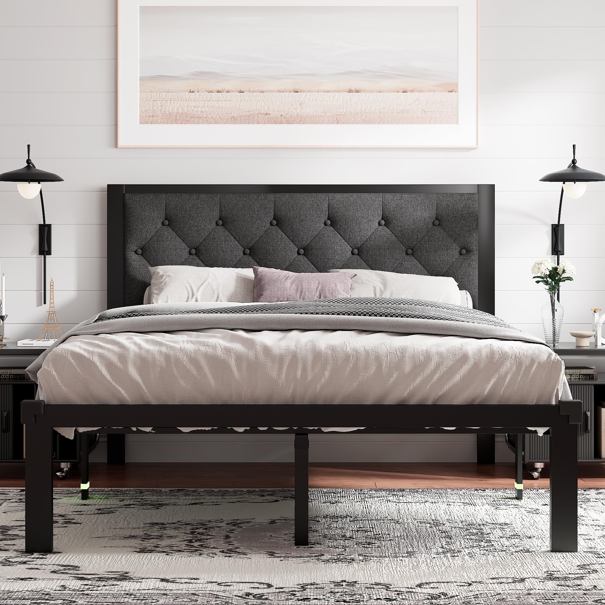 Feonase Queen Size Metal Bed Frame, Heavy-Duty Platform Bed Frame With Linen Upholstered Headboard, 12' Under-Bed Space, Steel Slats Support, No Box Spring Needed, Gray