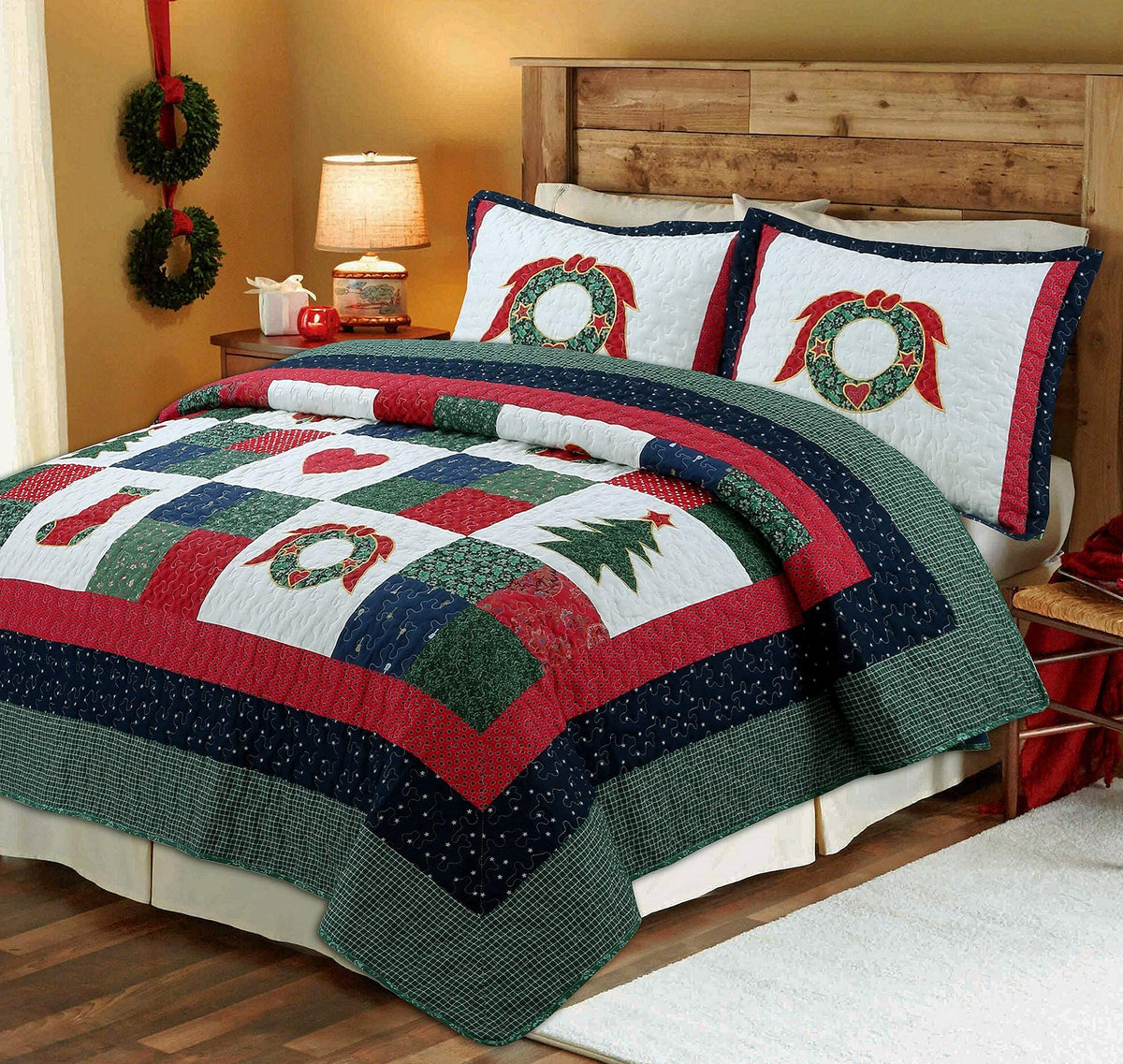 Cozy Line Home Fashions Christmas True Patchwork Wreaths Pine Tree Stockings Rustic Reversible Quilt Bedding Set, Coverlet Bedsp