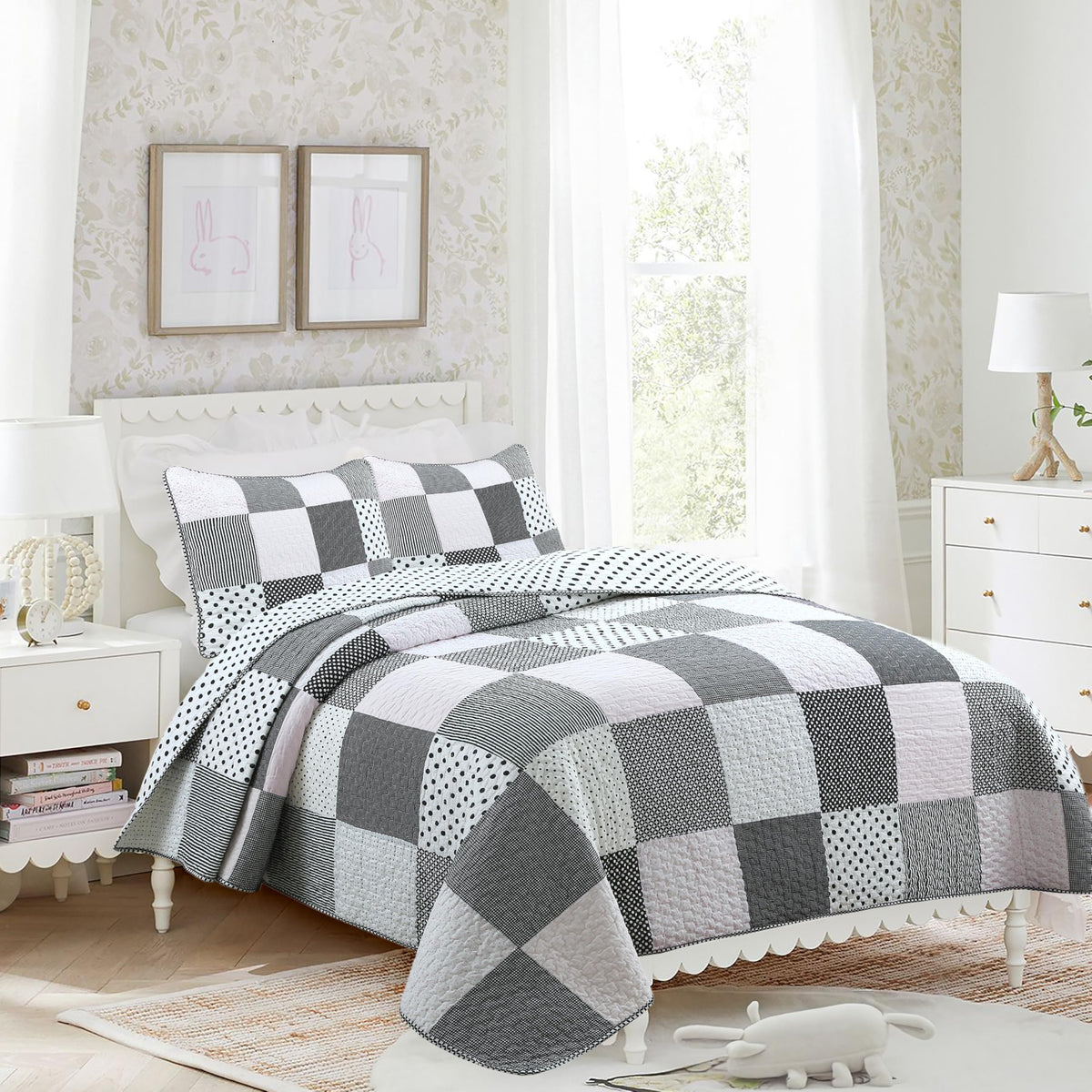 Cozy Line Home Fashions Black White Pink Polka Dots Striped Star Girl 100% Cotton Reversible Quilt Bedding Set, All-Season Cover