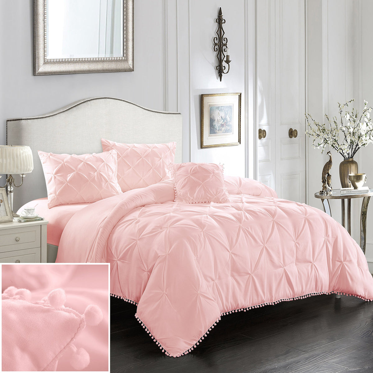 Evolive 4Pc Set Pinch Pleat/Kiss Pleat, Pintuck Down Alternative Comforter Set With Pompom (Full/Queen, Pink)